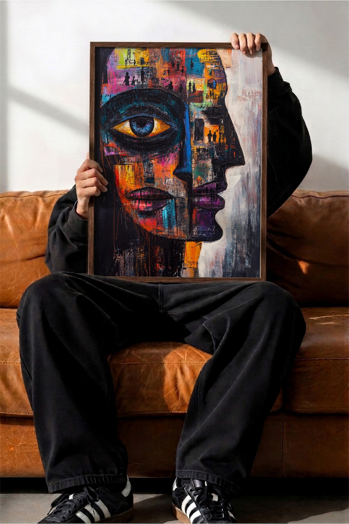 Renkli Yüz Portresi Soyut Sanat Poster – Kahverengi Çerçeveli Tablo