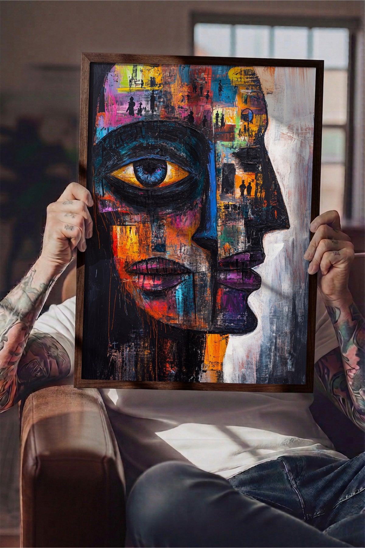 Renkli Yüz Portresi Soyut Sanat Poster – Kahverengi Çerçeveli Tablo