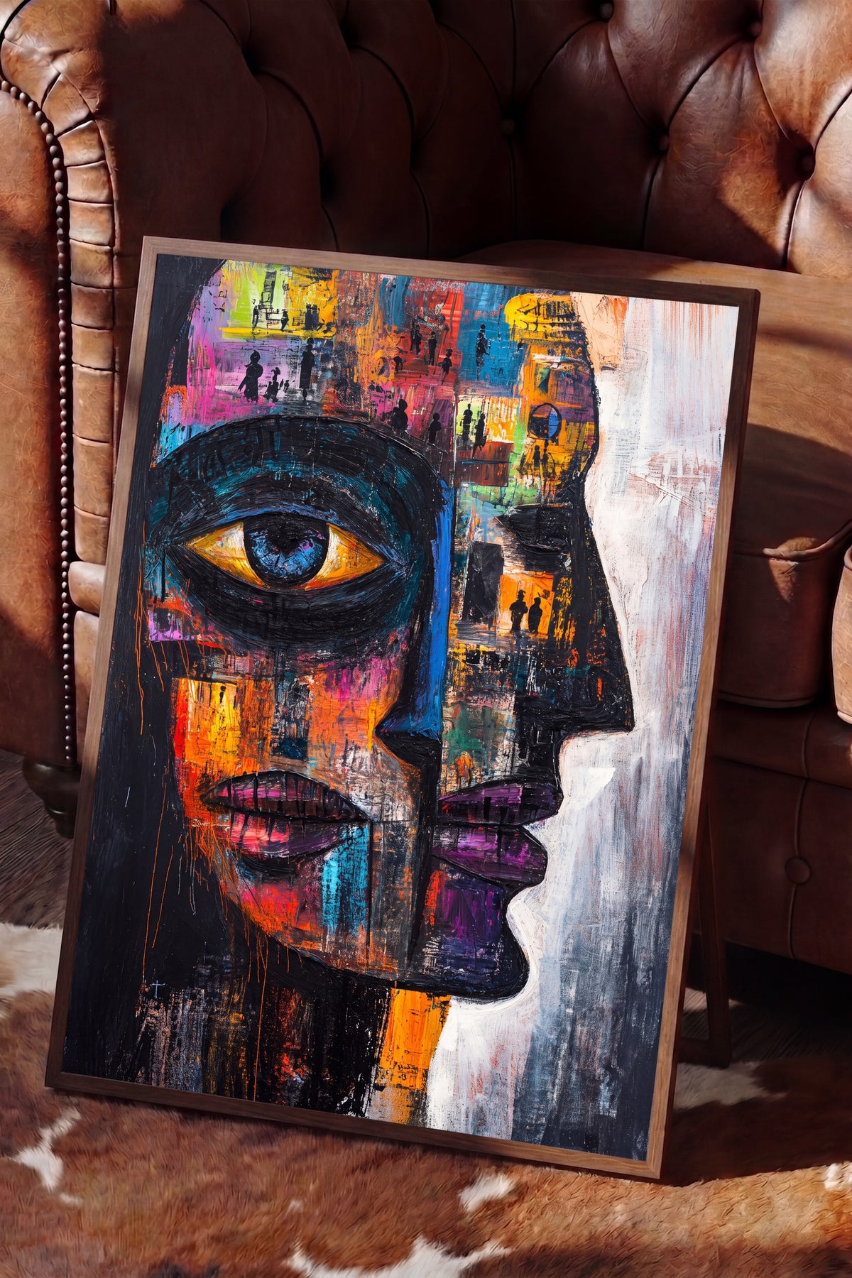 Renkli Yüz Portresi Soyut Sanat Poster – Kahverengi Çerçeveli Tablo