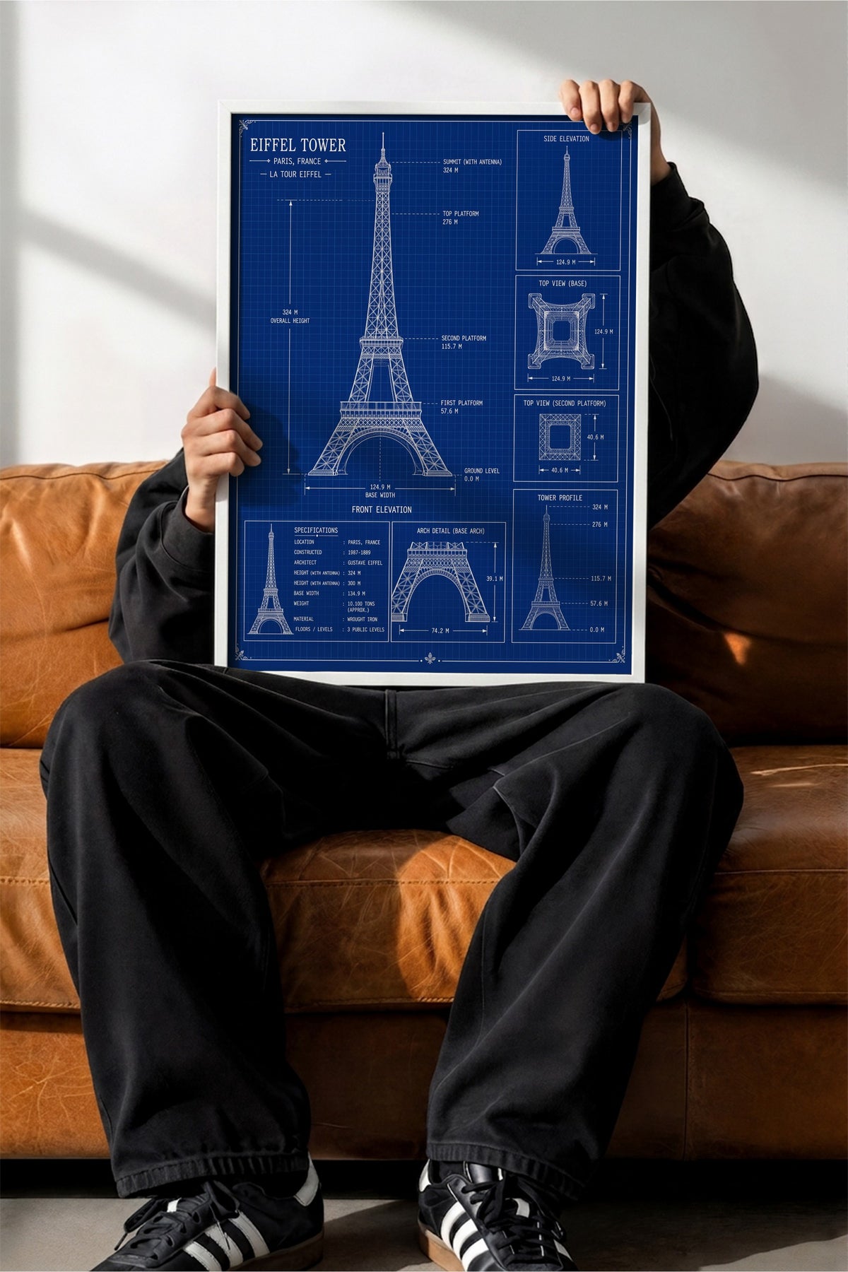 Eyfel Kulesi Mimari Çizim Şeması Poster – Beyaz Çerçeveli Tablo