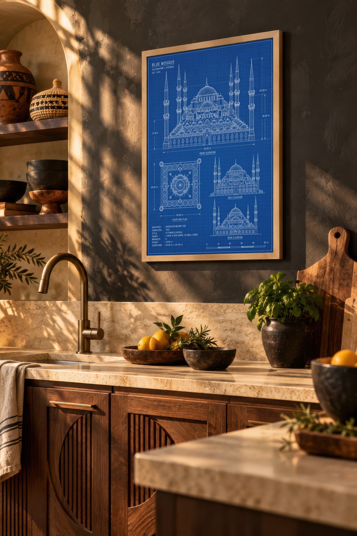 Sultanahmet Camii Mimari Çizimi Poster – Ahşap Çerçeveli Tablo
