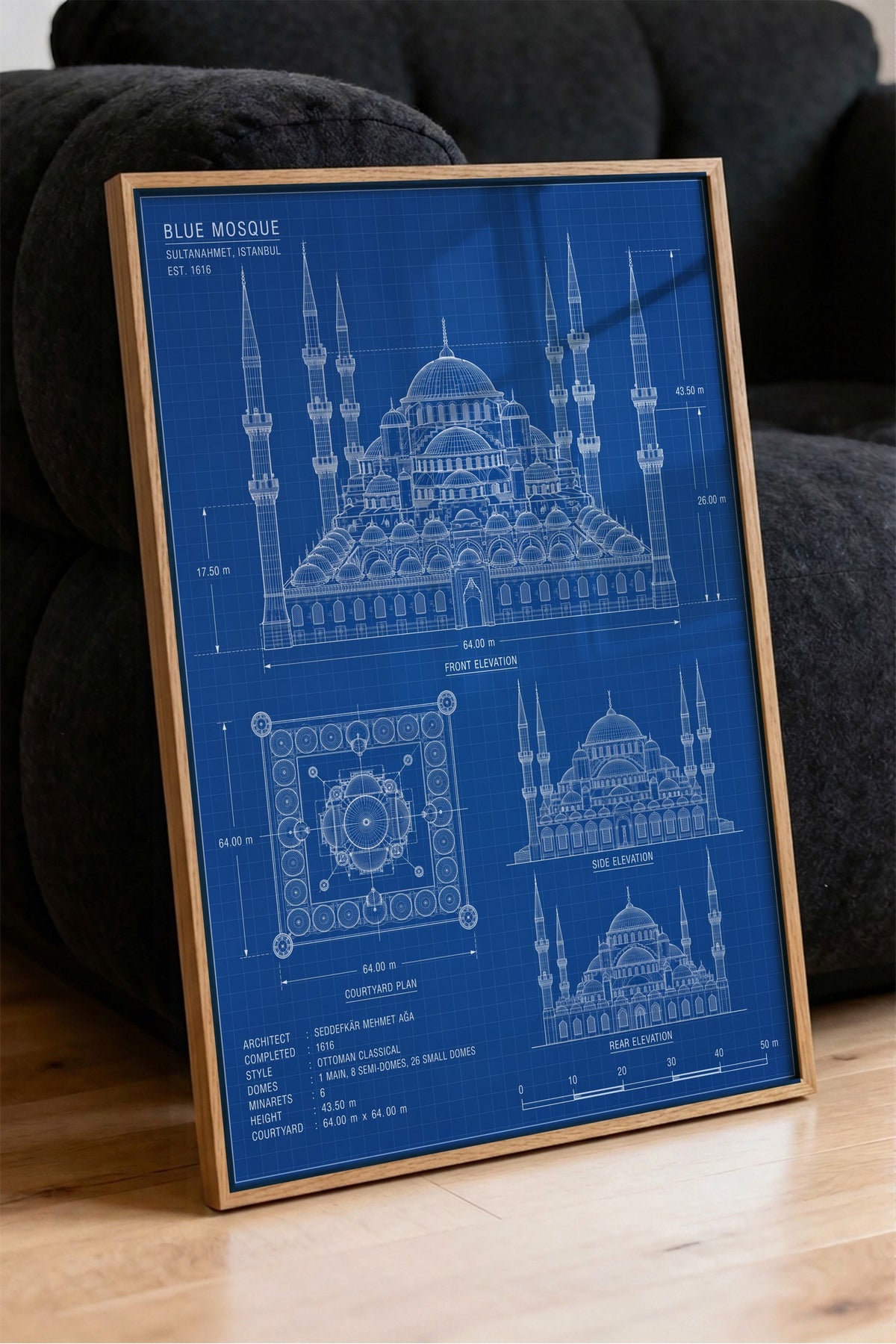 Sultanahmet Camii Mimari Çizimi Poster – Ahşap Çerçeveli Tablo