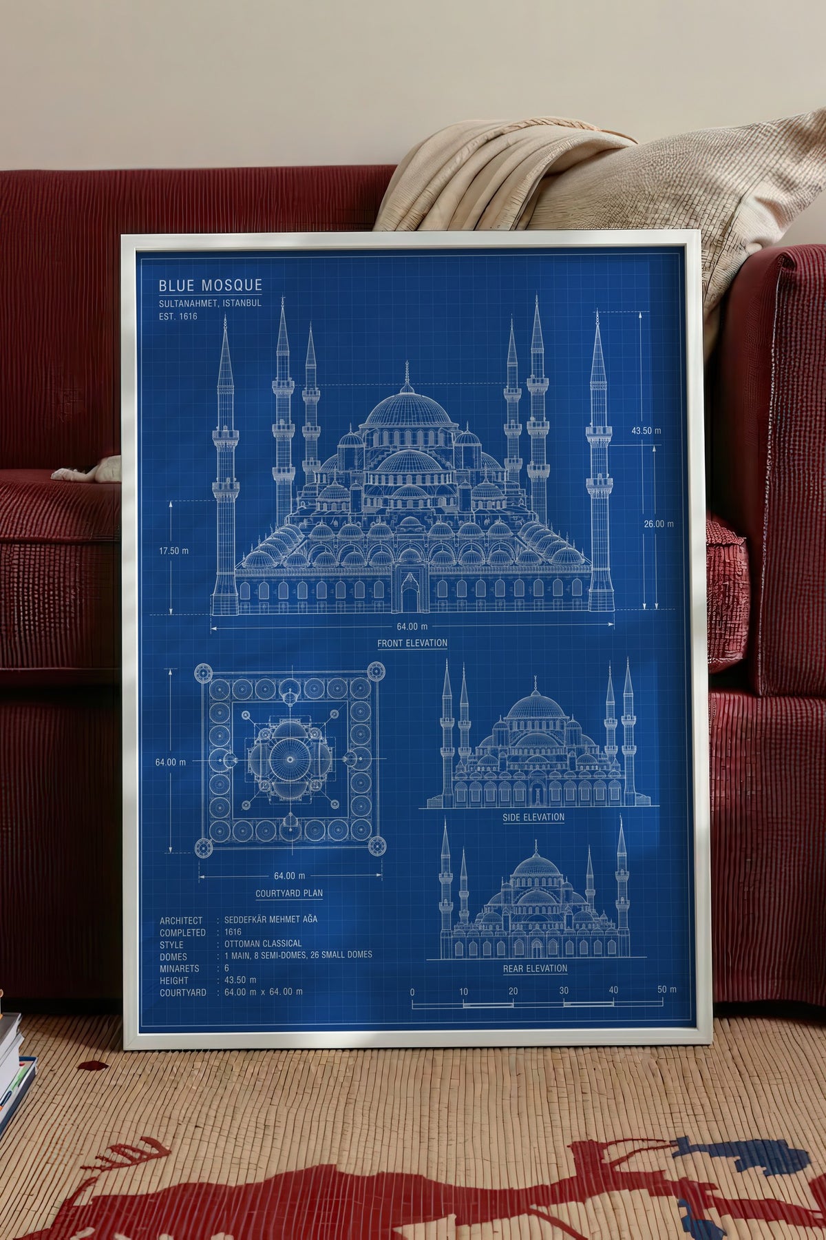 Sultanahmet Camii Mimari Çizimi Poster – Beyaz Çerçeveli Tablo