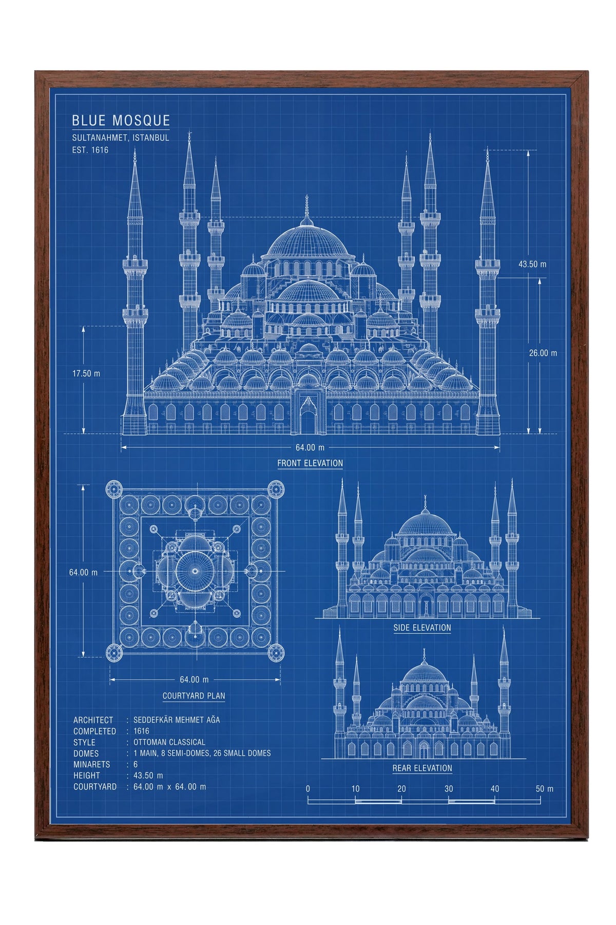 Sultanahmet Camii Mimari Çizimi Poster – Kahverengi Çerçeveli Tablo