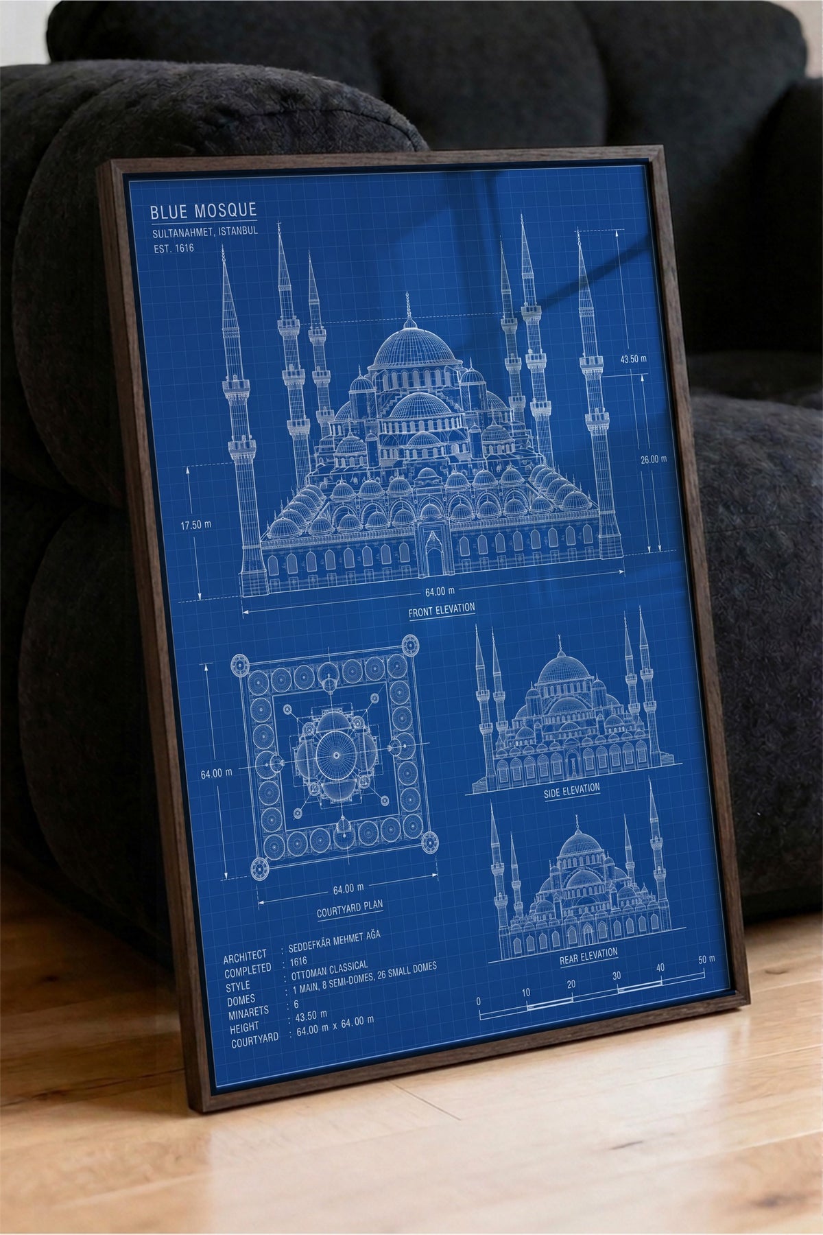 Sultanahmet Camii Mimari Çizimi Poster – Kahverengi Çerçeveli Tablo