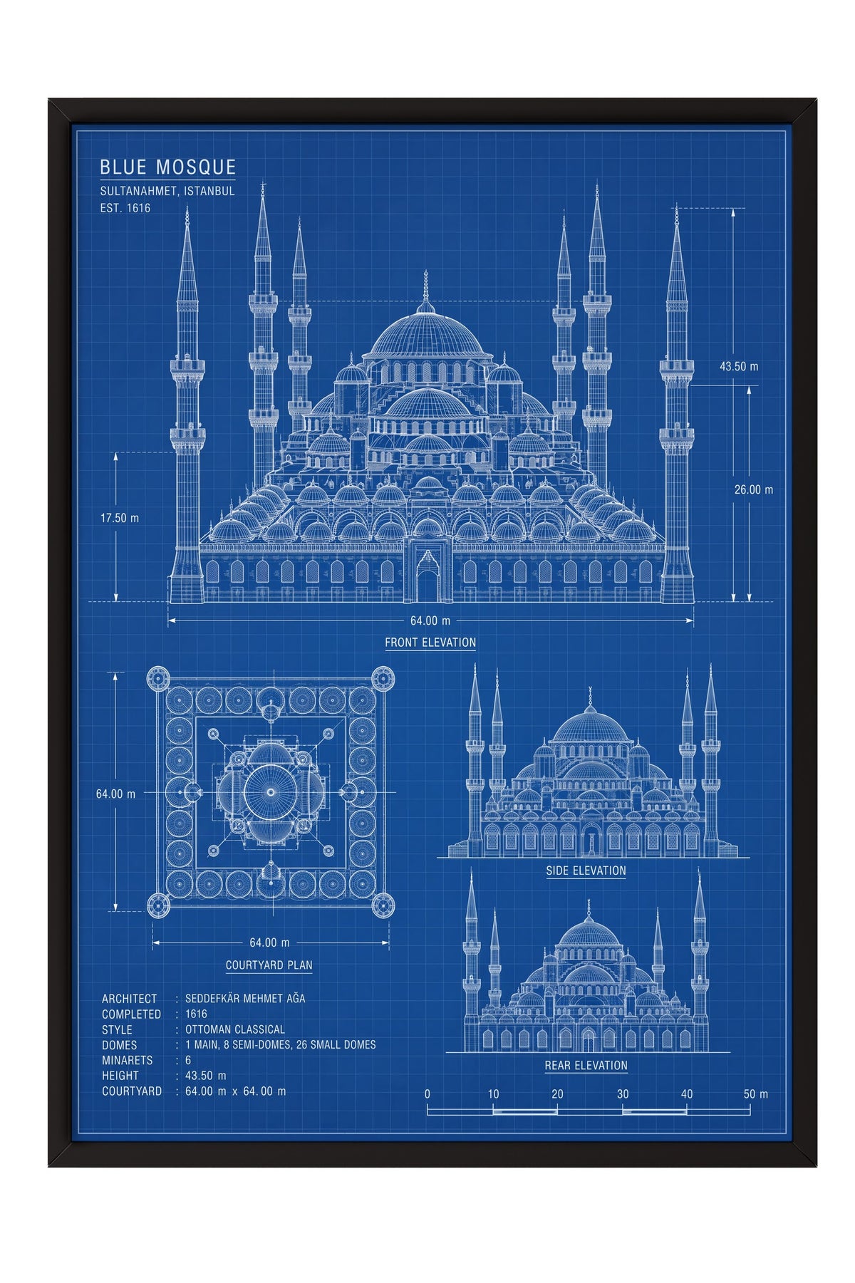 Sultanahmet Camii Mimari Çizimi Poster – Siyah Çerçeveli Tablo
