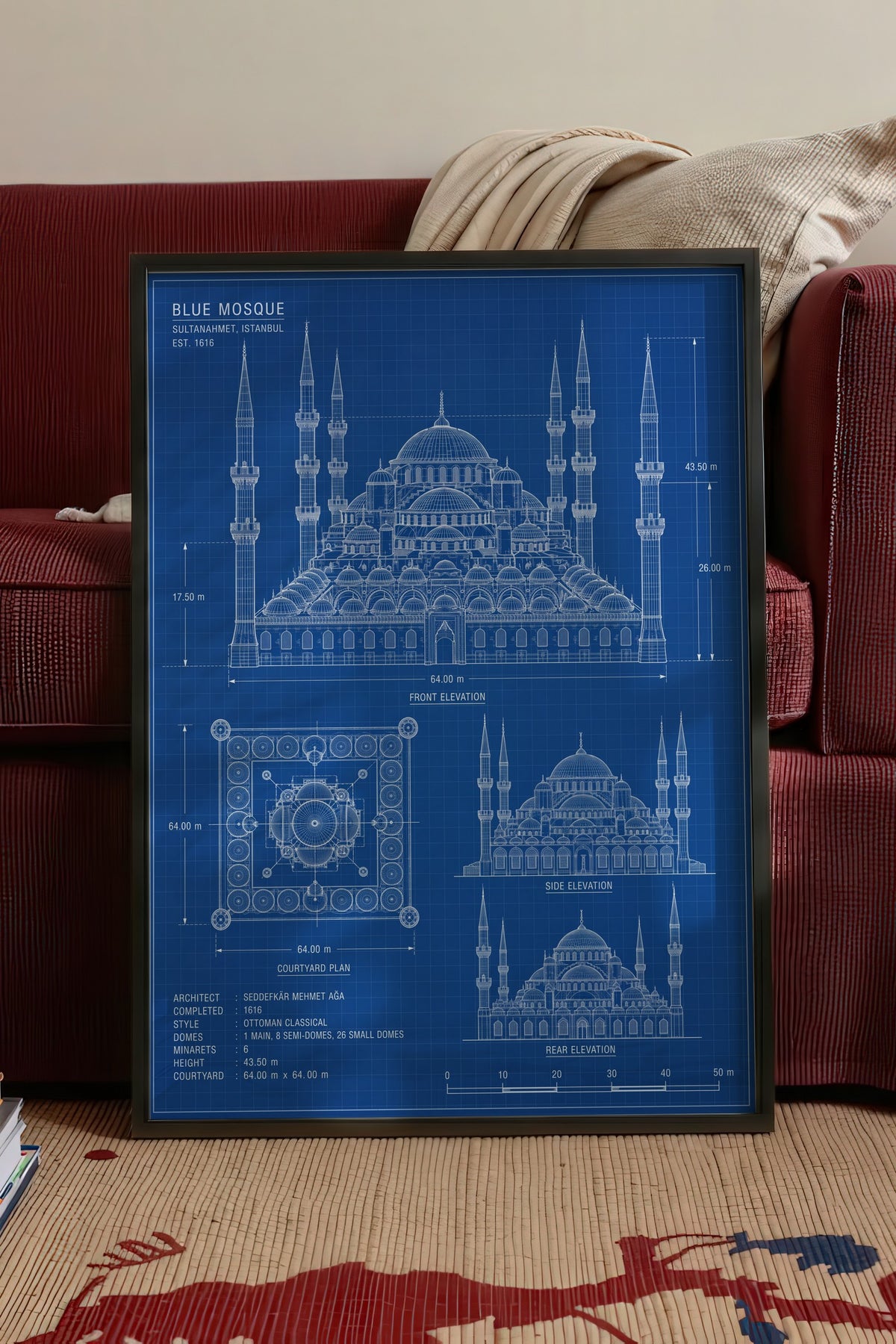 Sultanahmet Camii Mimari Çizimi Poster – Siyah Çerçeveli Tablo