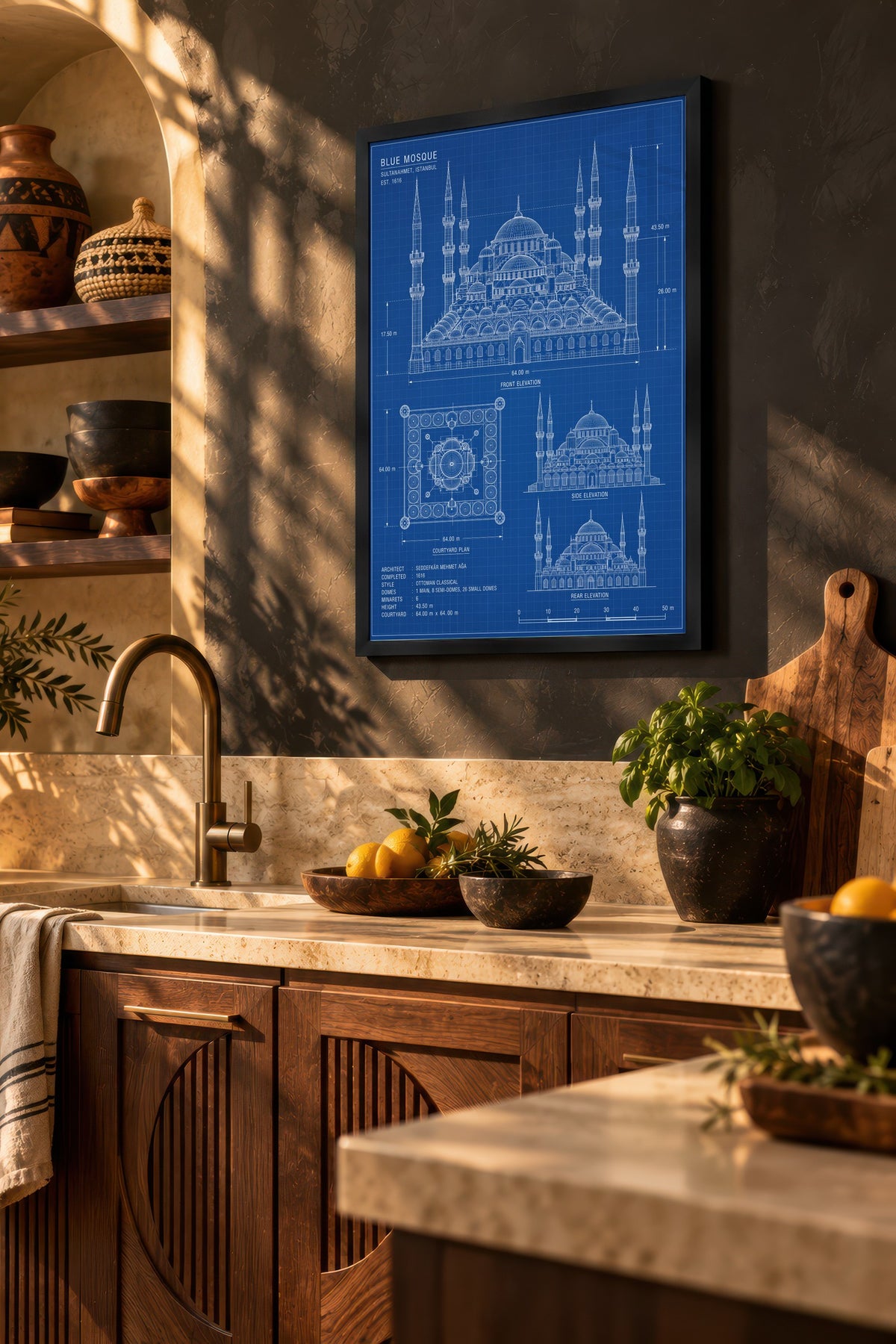 Sultanahmet Camii Mimari Çizimi Poster – Siyah Çerçeveli Tablo