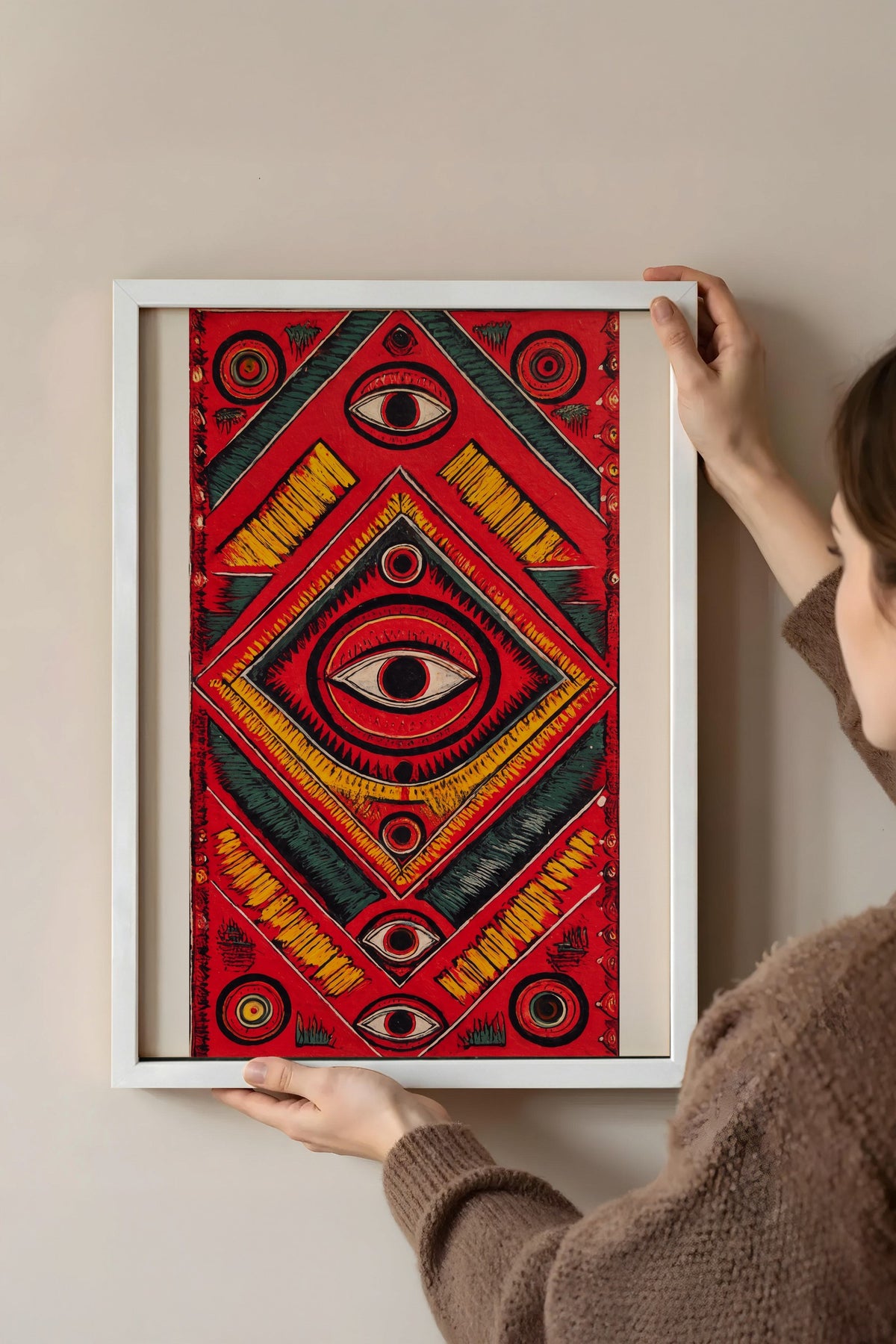 Göz Motifli Simetrik Desen Poster – Beyaz Çerçeveli Tablo