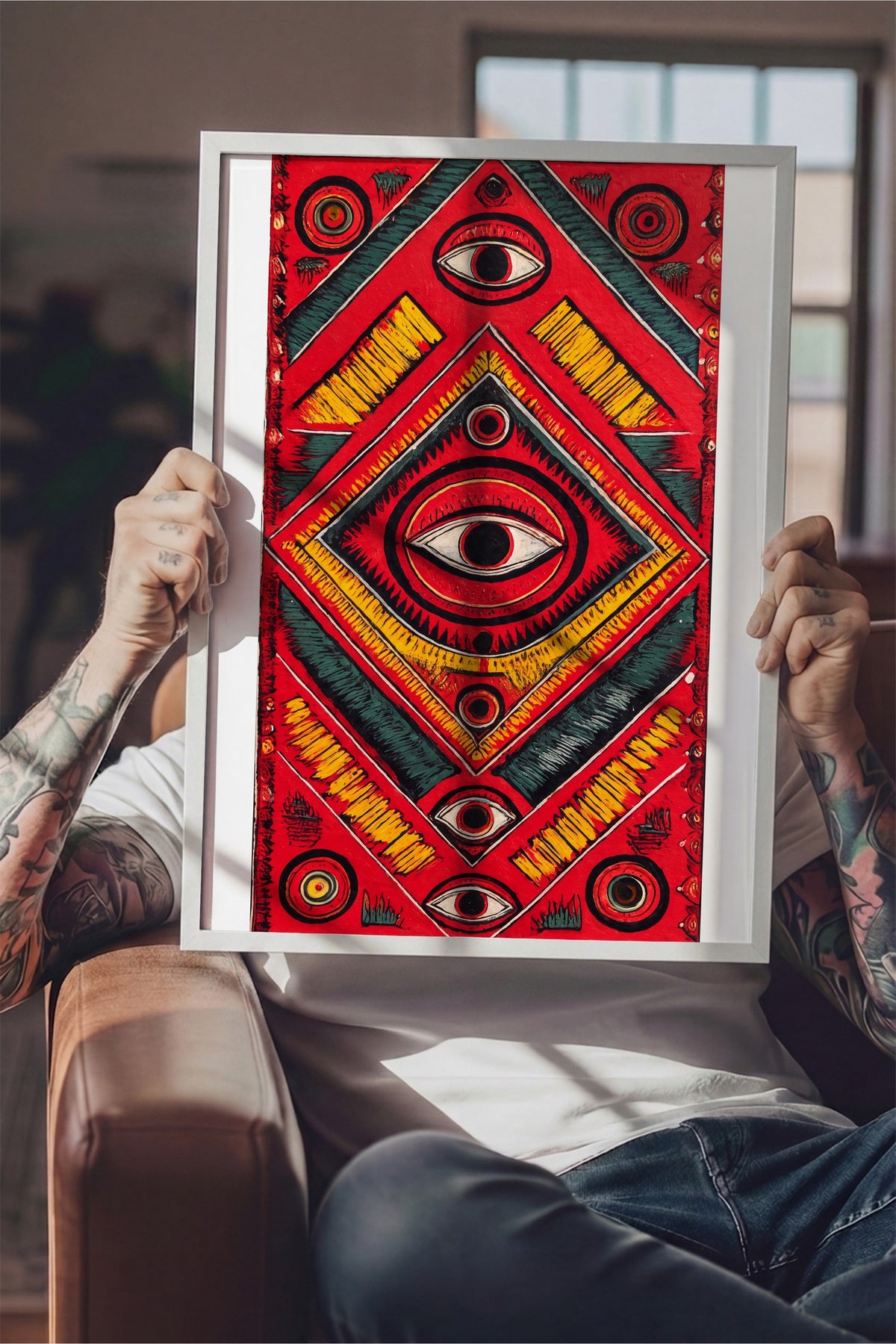 Göz Motifli Simetrik Desen Poster – Beyaz Çerçeveli Tablo