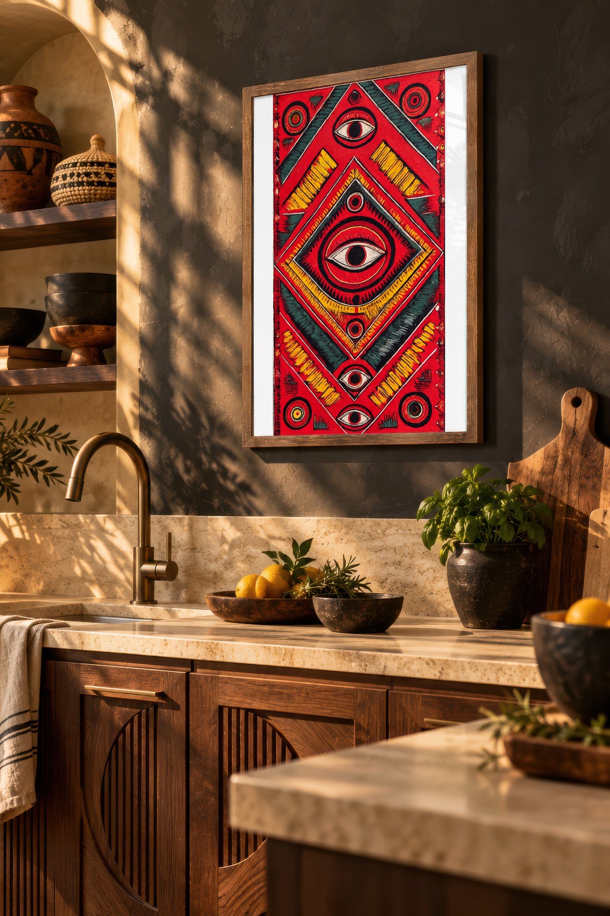 Göz Motifli Simetrik Desen Poster – Kahverengi Çerçeveli Tablo