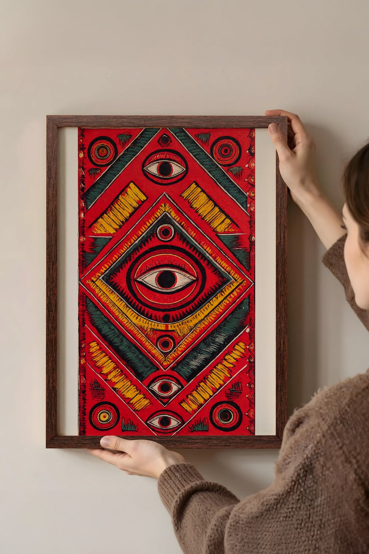 Göz Motifli Simetrik Desen Poster – Kahverengi Çerçeveli Tablo