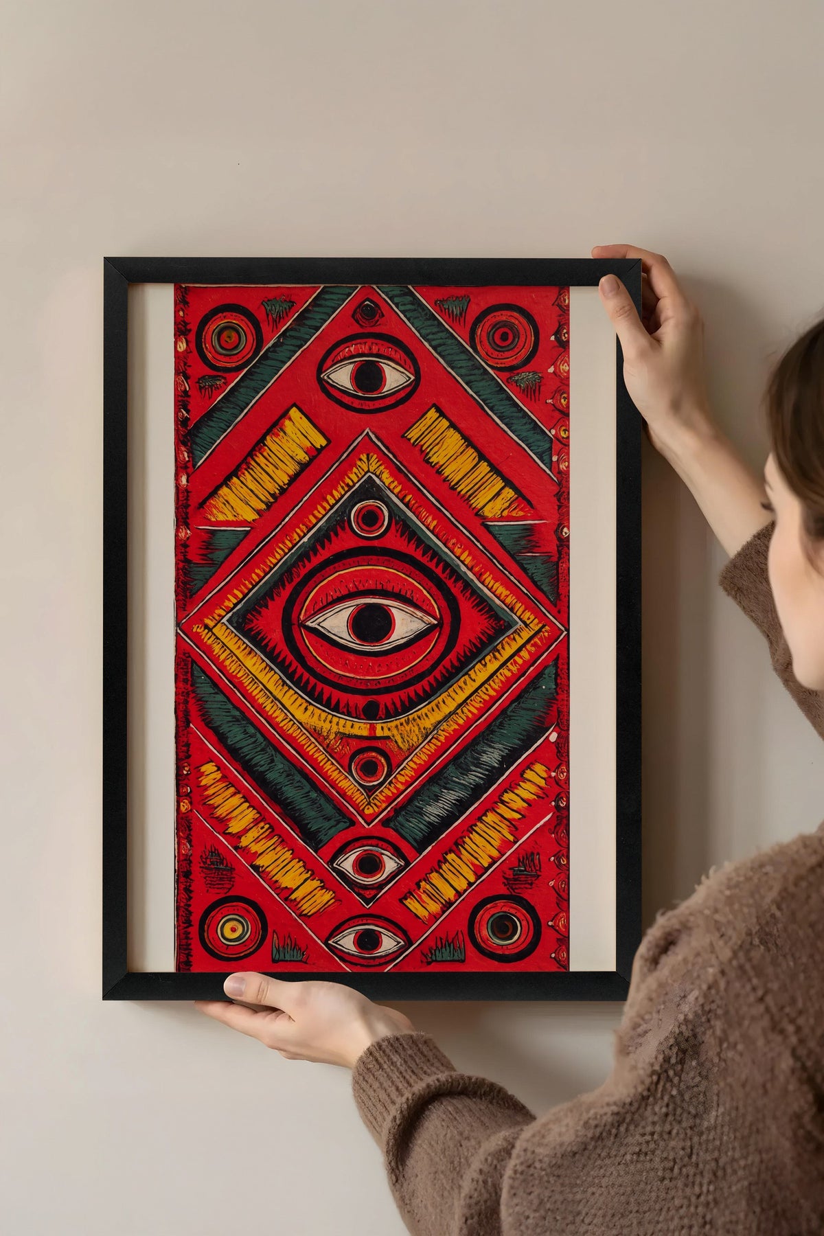 Göz Motifli Simetrik Desen Poster – Siyah Çerçeveli Tablo