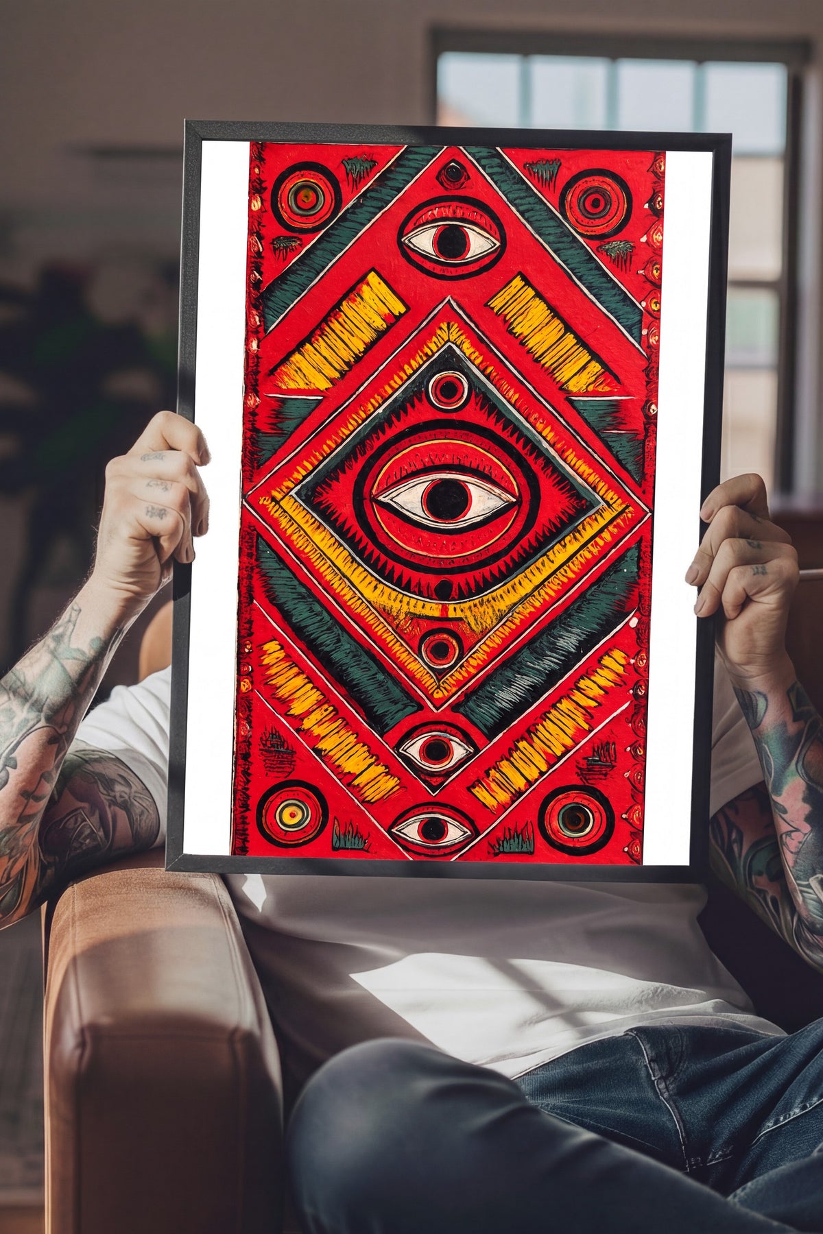 Göz Motifli Simetrik Desen Poster – Siyah Çerçeveli Tablo