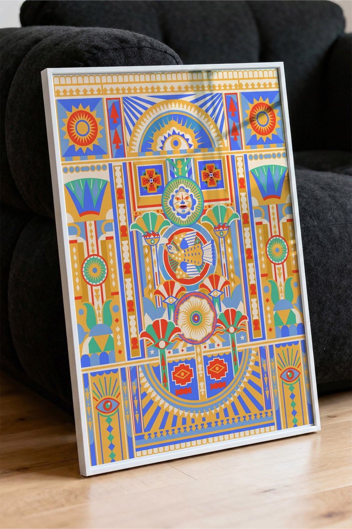 Antik Mısır Motifli Simetrik Desen Poster – Beyaz Çerçeveli Tablo