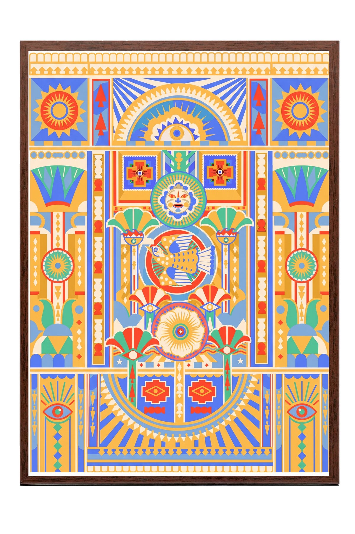 Antik Mısır Motifli Simetrik Desen Poster – Kahverengi Çerçeveli Tablo