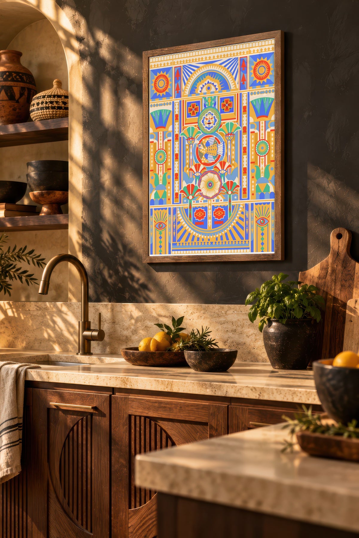 Antik Mısır Motifli Simetrik Desen Poster – Kahverengi Çerçeveli Tablo