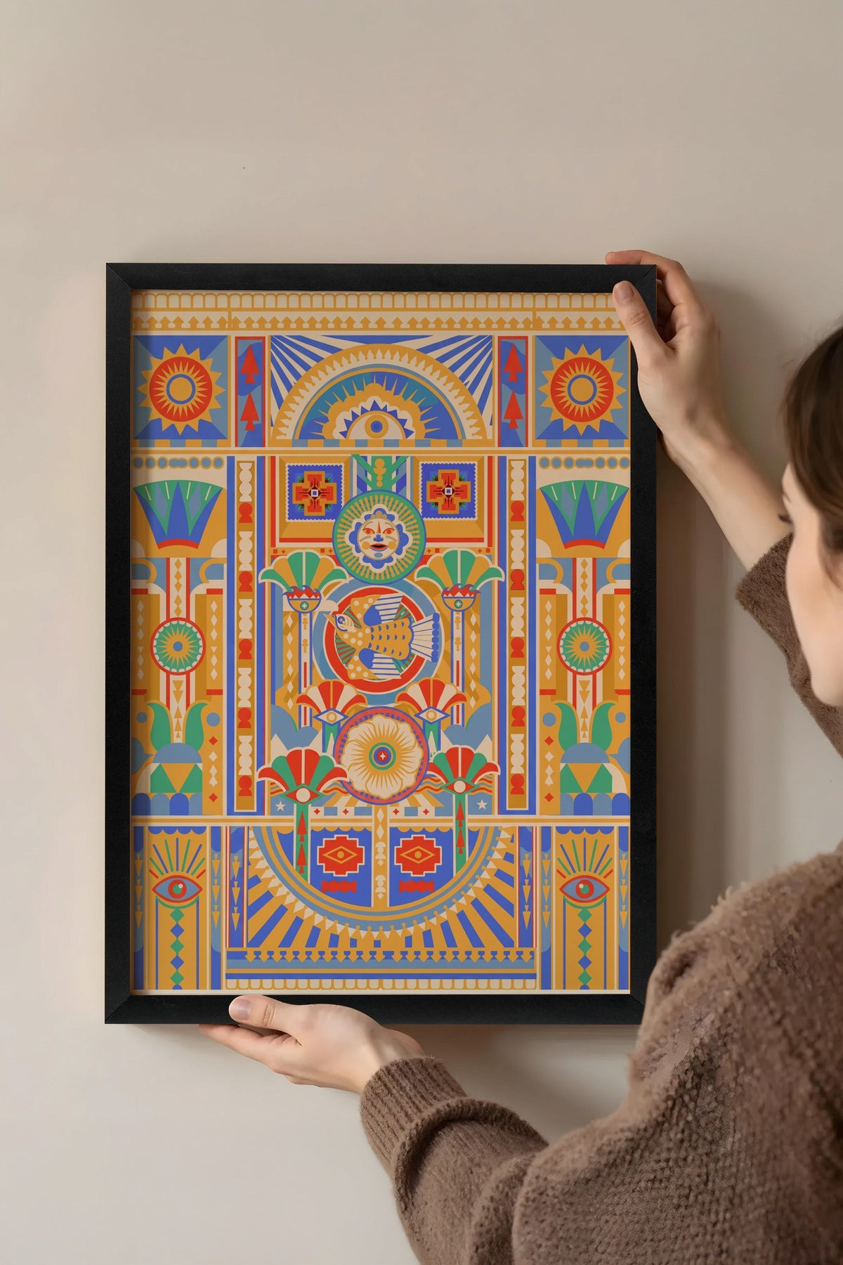 Antik Mısır Motifli Simetrik Desen Poster – Siyah Çerçeveli Tablo