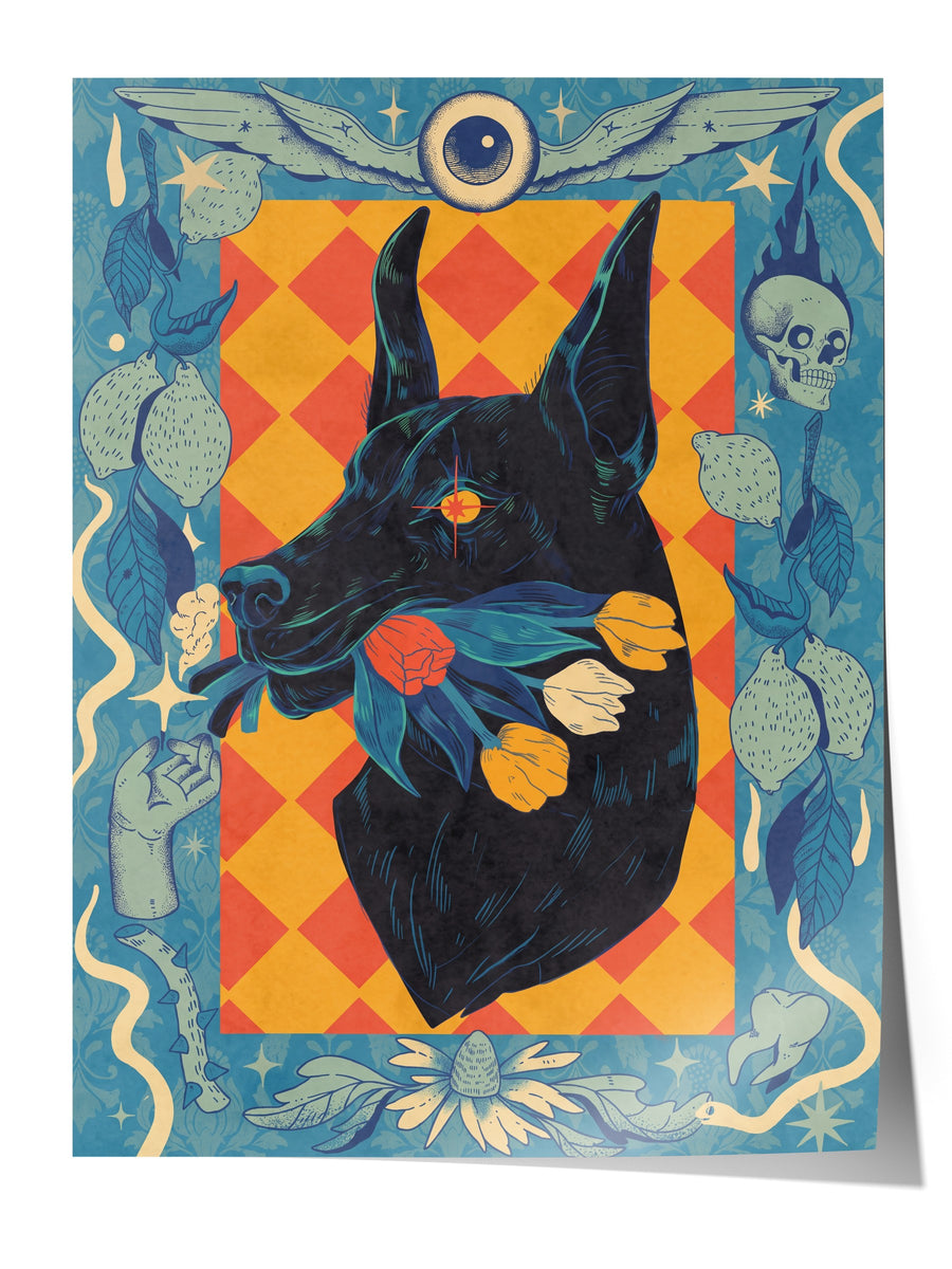 Çiçekli Doberman Portresi Çerçevesiz Poster