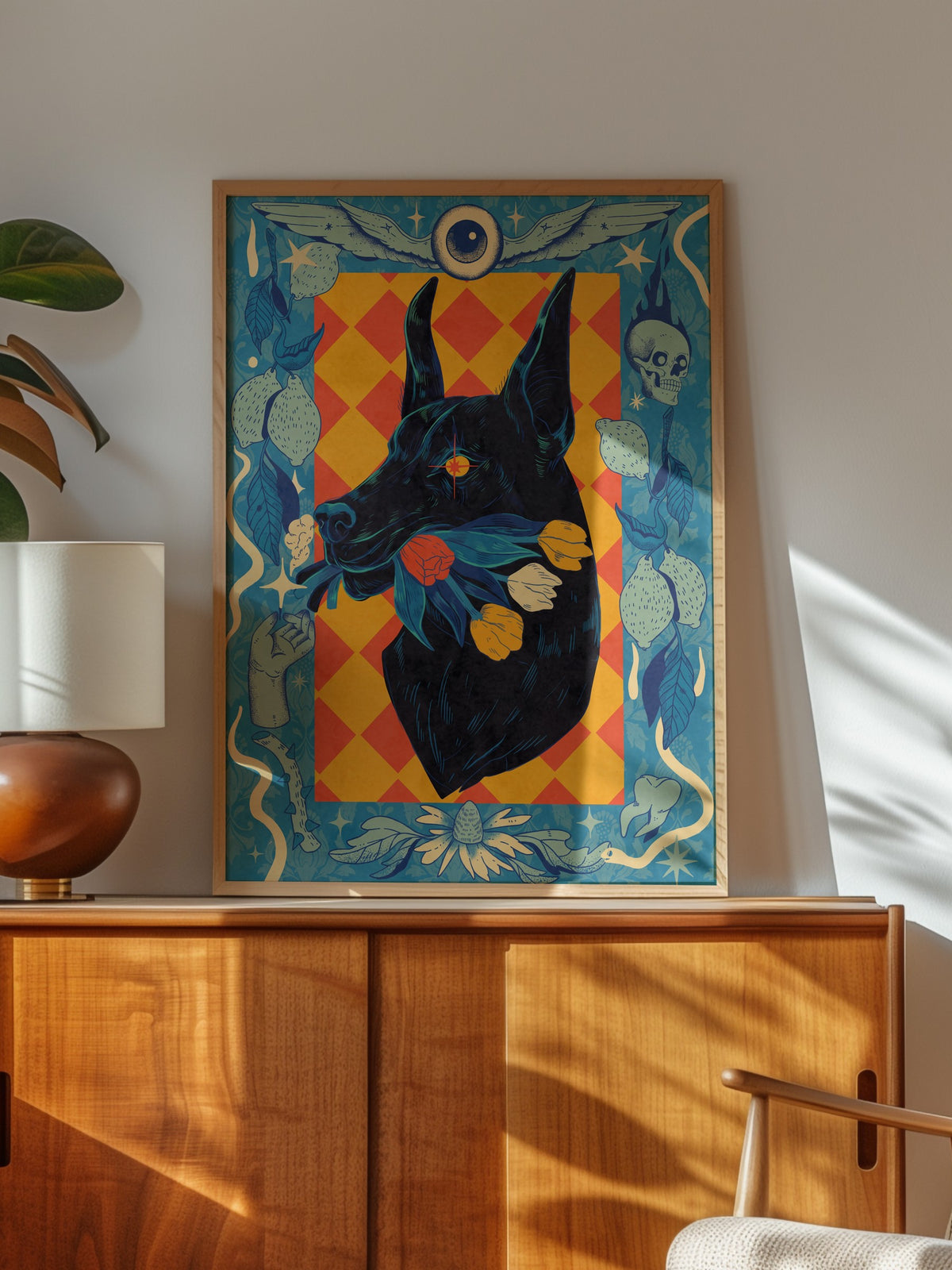 Çiçekli Doberman Portresi Poster – Ahşap Çerçeveli Tablo