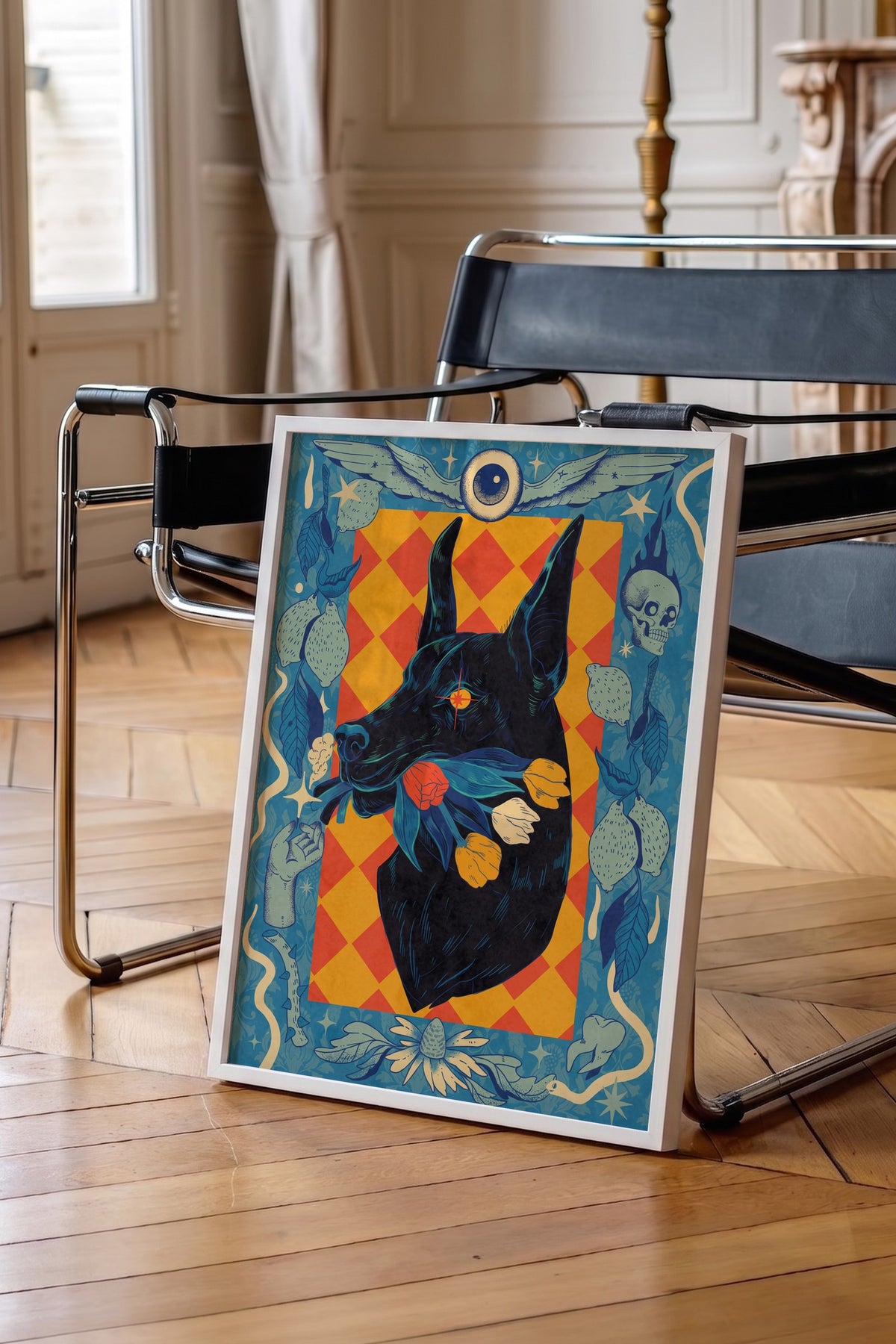 Çiçekli Doberman Portresi Poster – Beyaz Çerçeveli Tablo