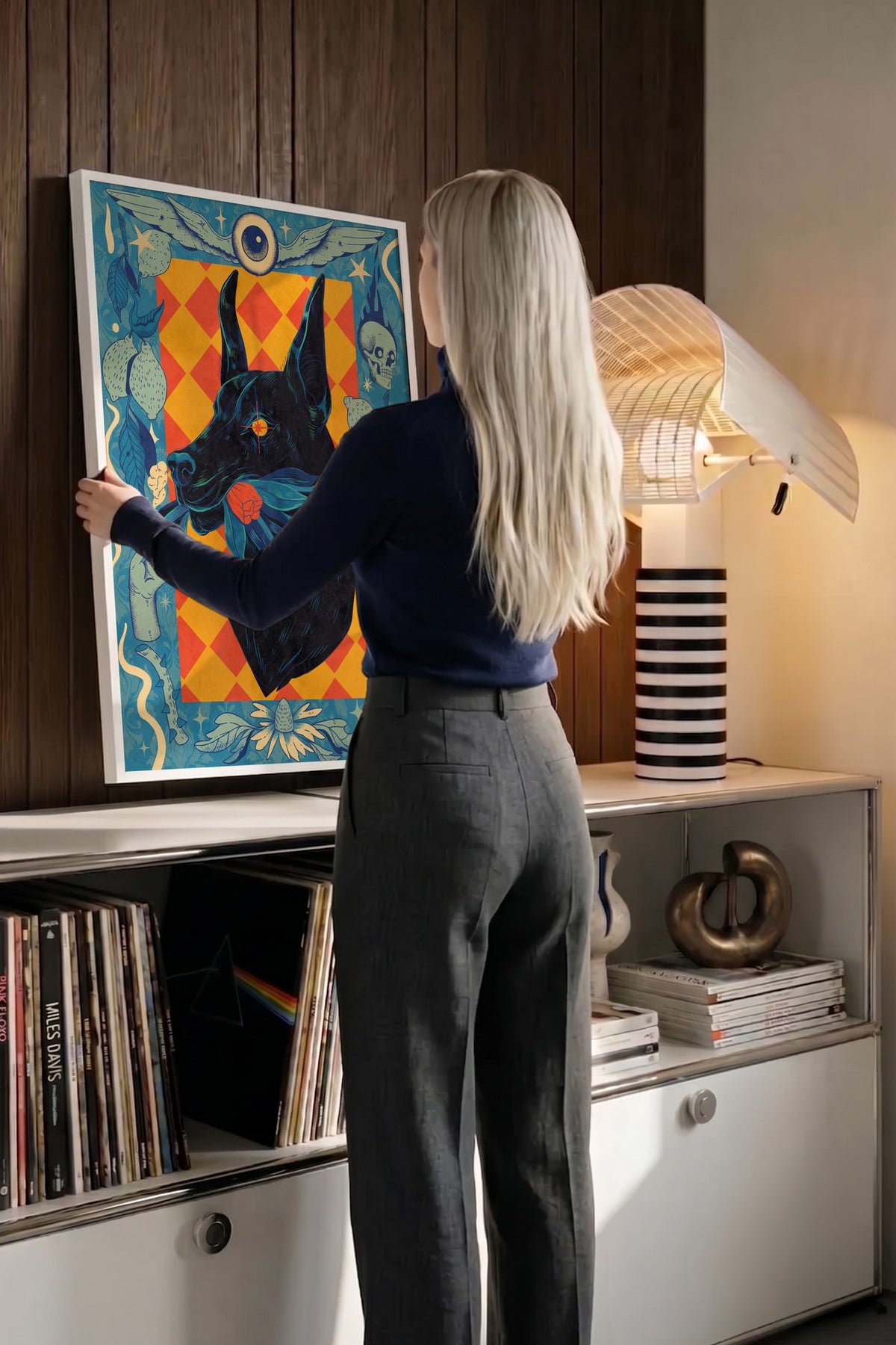 Çiçekli Doberman Portresi Poster – Beyaz Çerçeveli Tablo