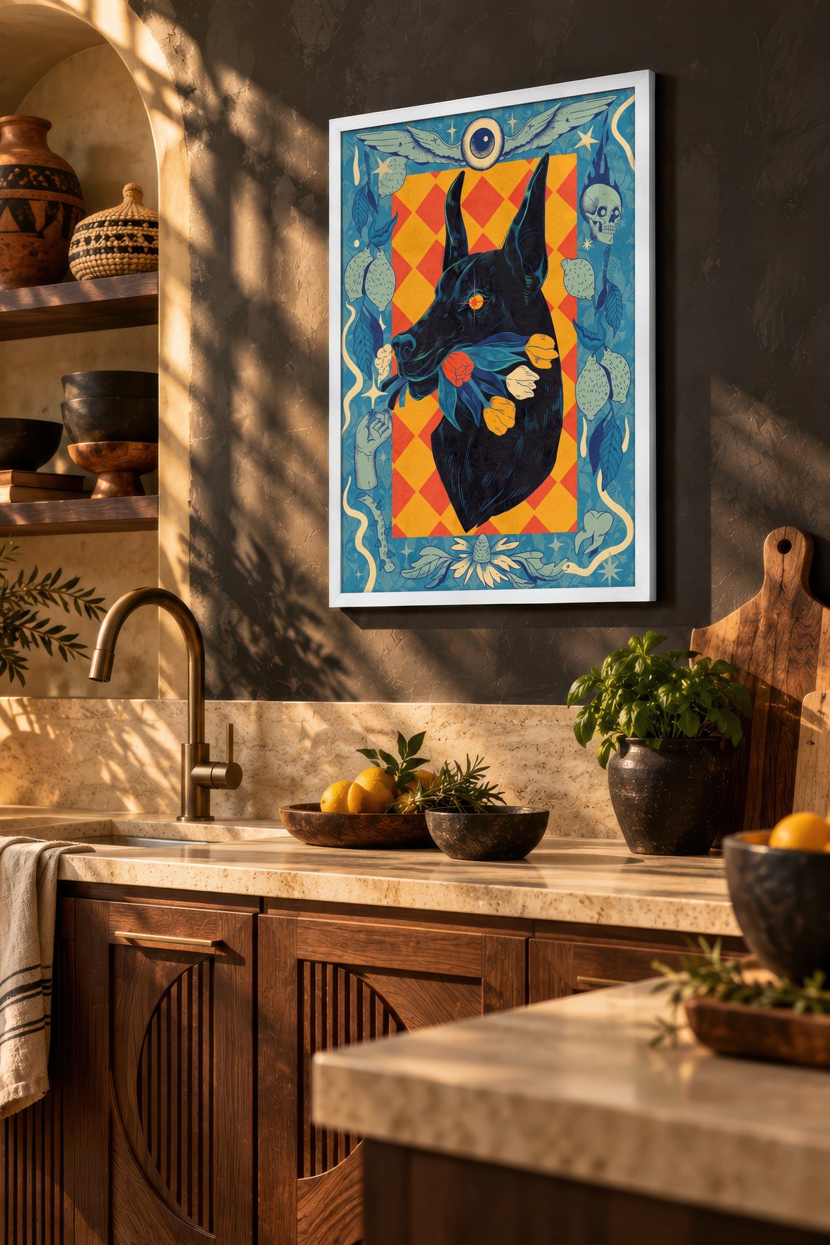 Çiçekli Doberman Portresi Poster – Beyaz Çerçeveli Tablo