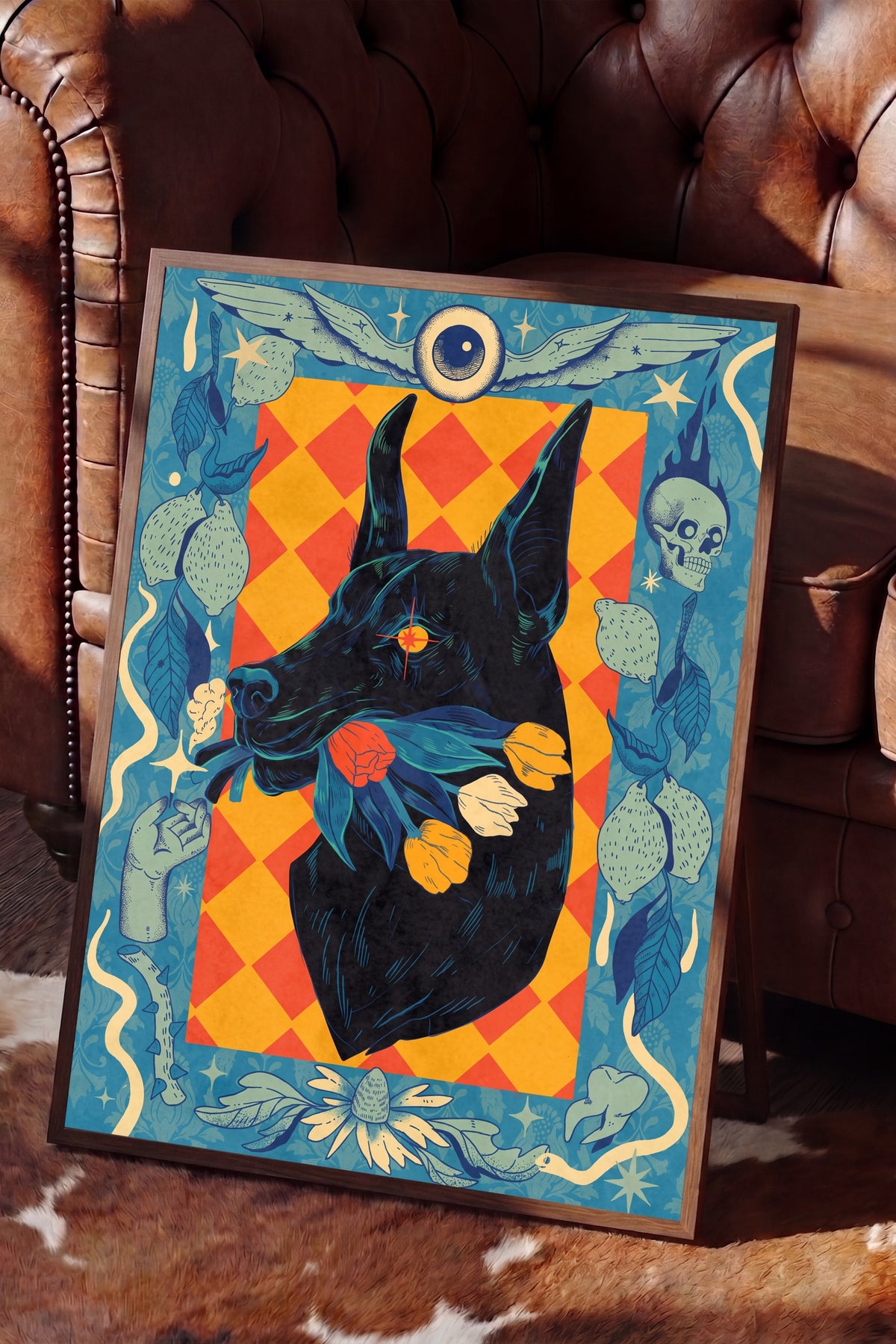 Çiçekli Doberman Portresi Poster – Kahverengi Çerçeveli Tablo