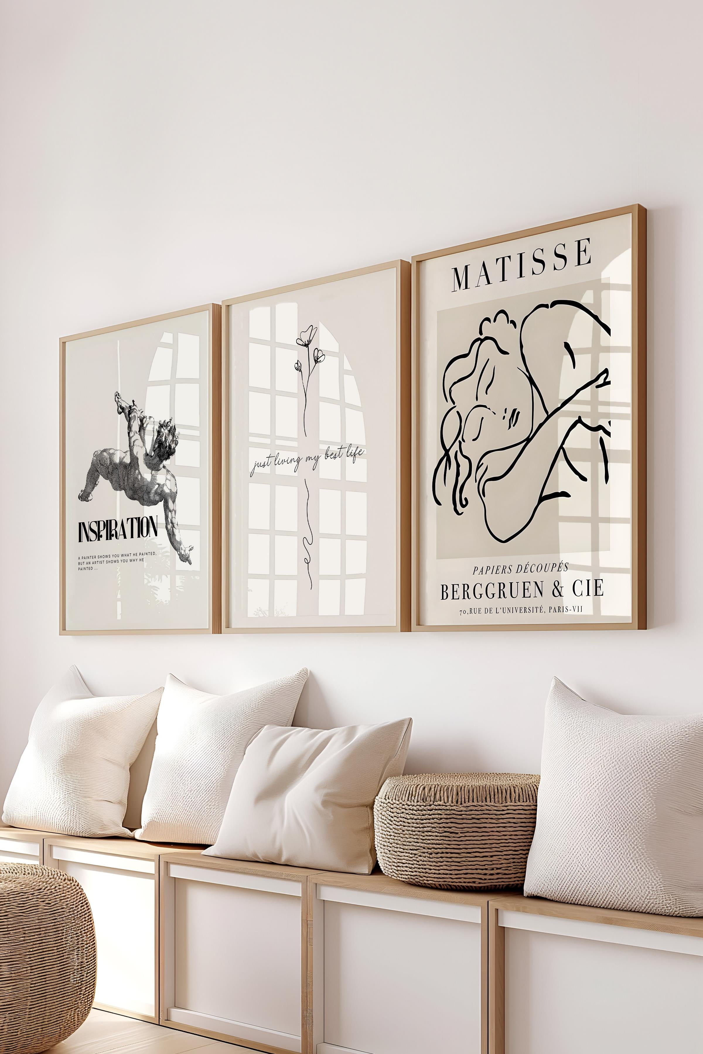 Bej Modern Tablo Seti, 3 Adet Ahşap Çerçeve ve Poster, Motivasyon ve Matisse Duvar Dekoru