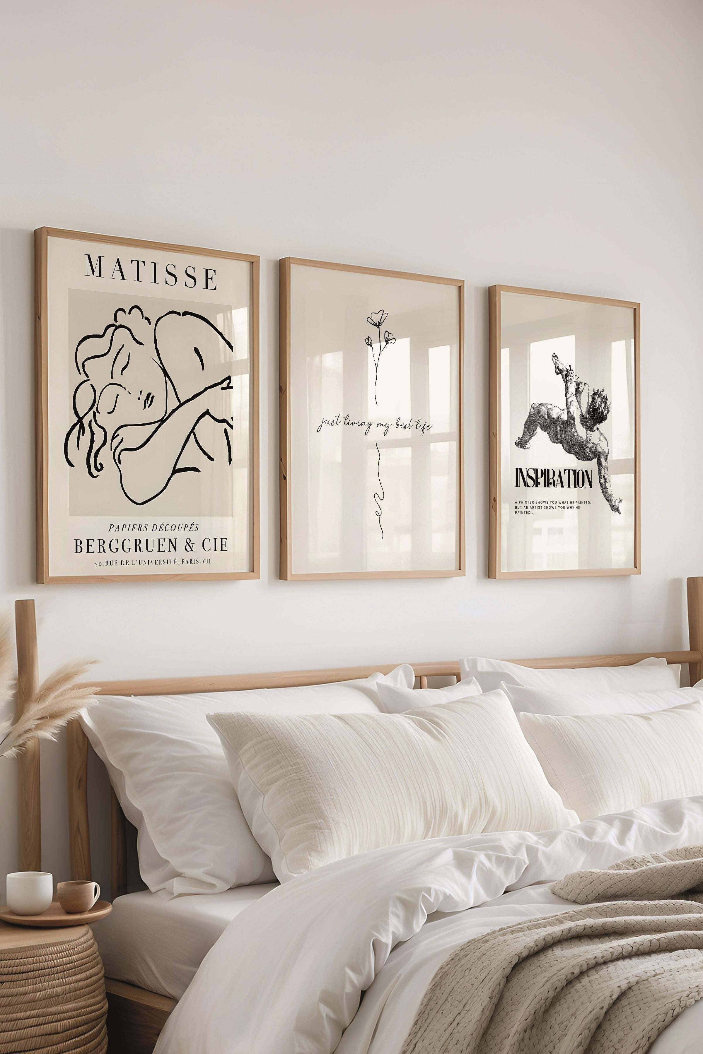 Bej Modern Tablo Seti, 3 Adet Ahşap Çerçeve ve Poster, Motivasyon ve Matisse Duvar Dekoru