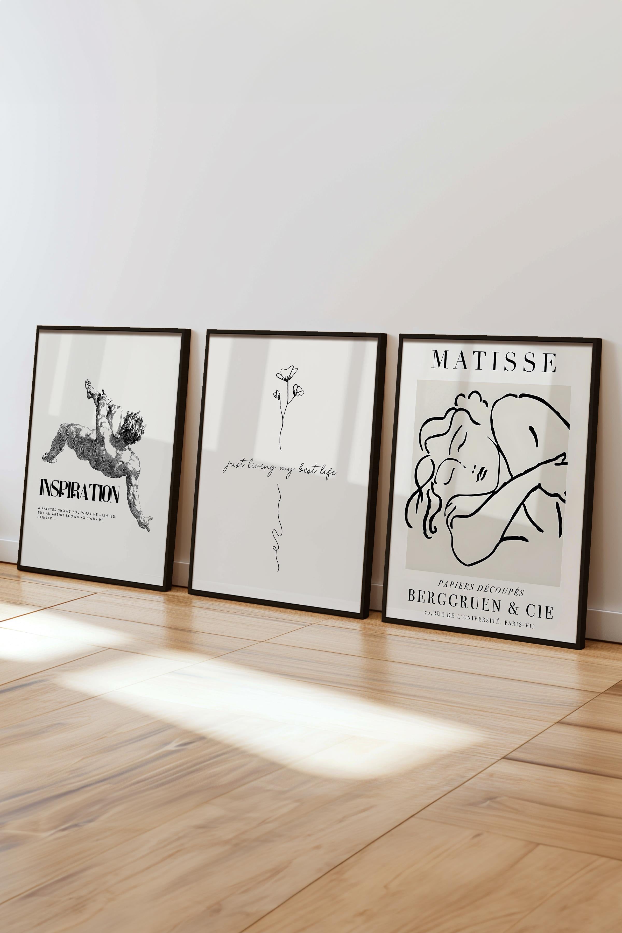 Bej Modern Tablo Seti, 3 Adet Siyah Çerçeve ve Poster, Motivasyon ve Matisse Duvar Dekoru
