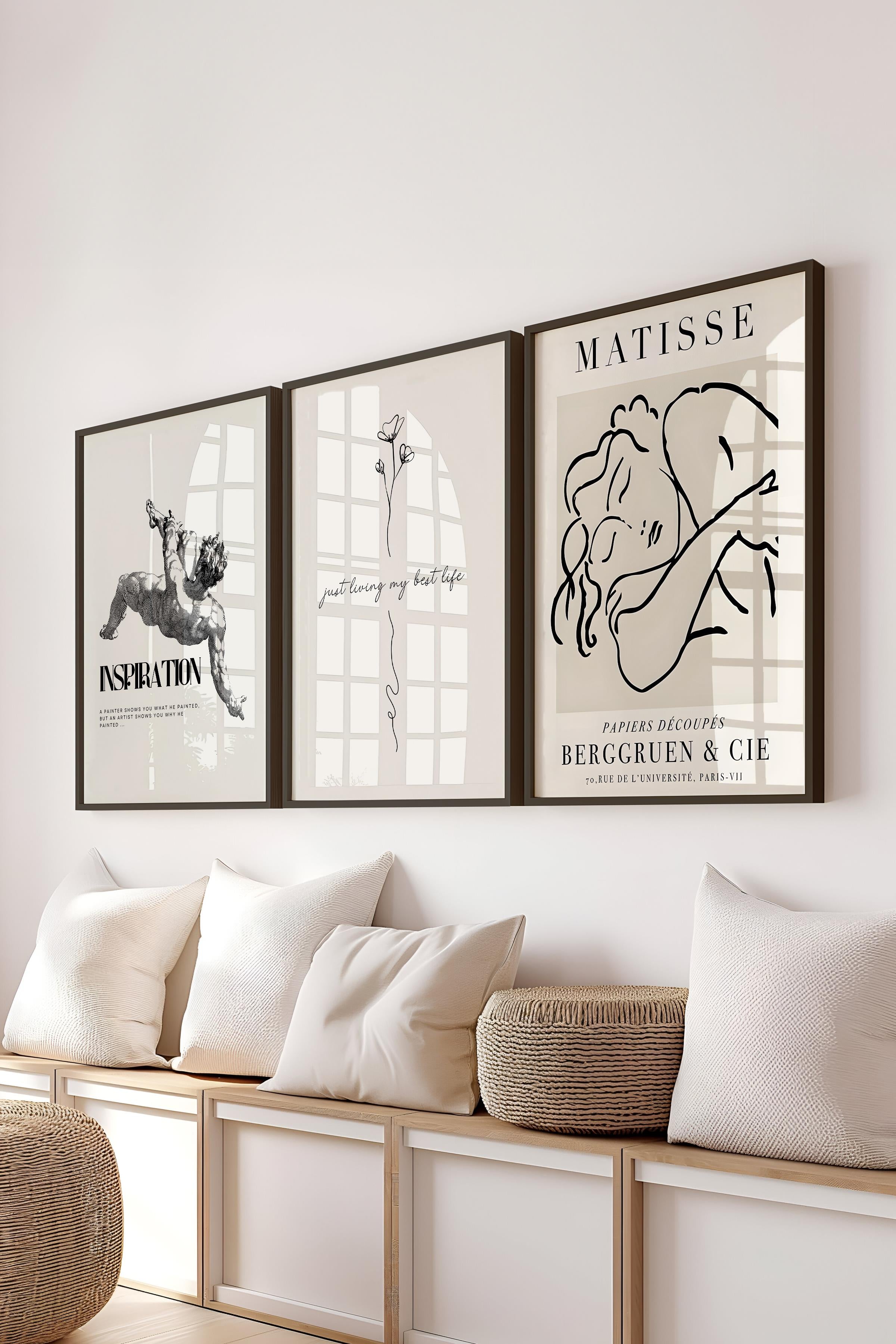 Bej Modern Tablo Seti, 3 Adet Siyah Çerçeve ve Poster, Motivasyon ve Matisse Duvar Dekoru