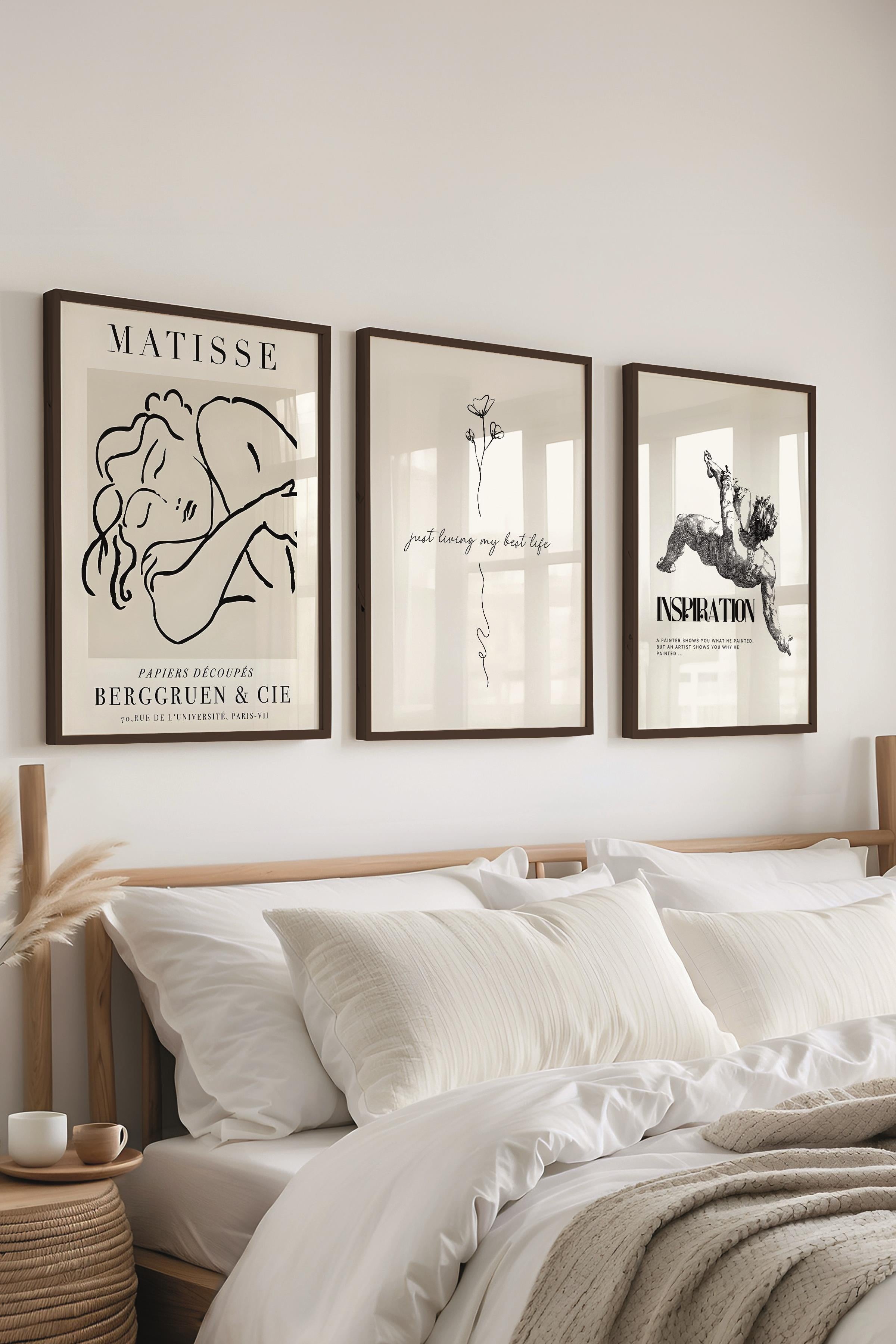 Bej Modern Tablo Seti, 3 Adet Siyah Çerçeve ve Poster, Motivasyon ve Matisse Duvar Dekoru