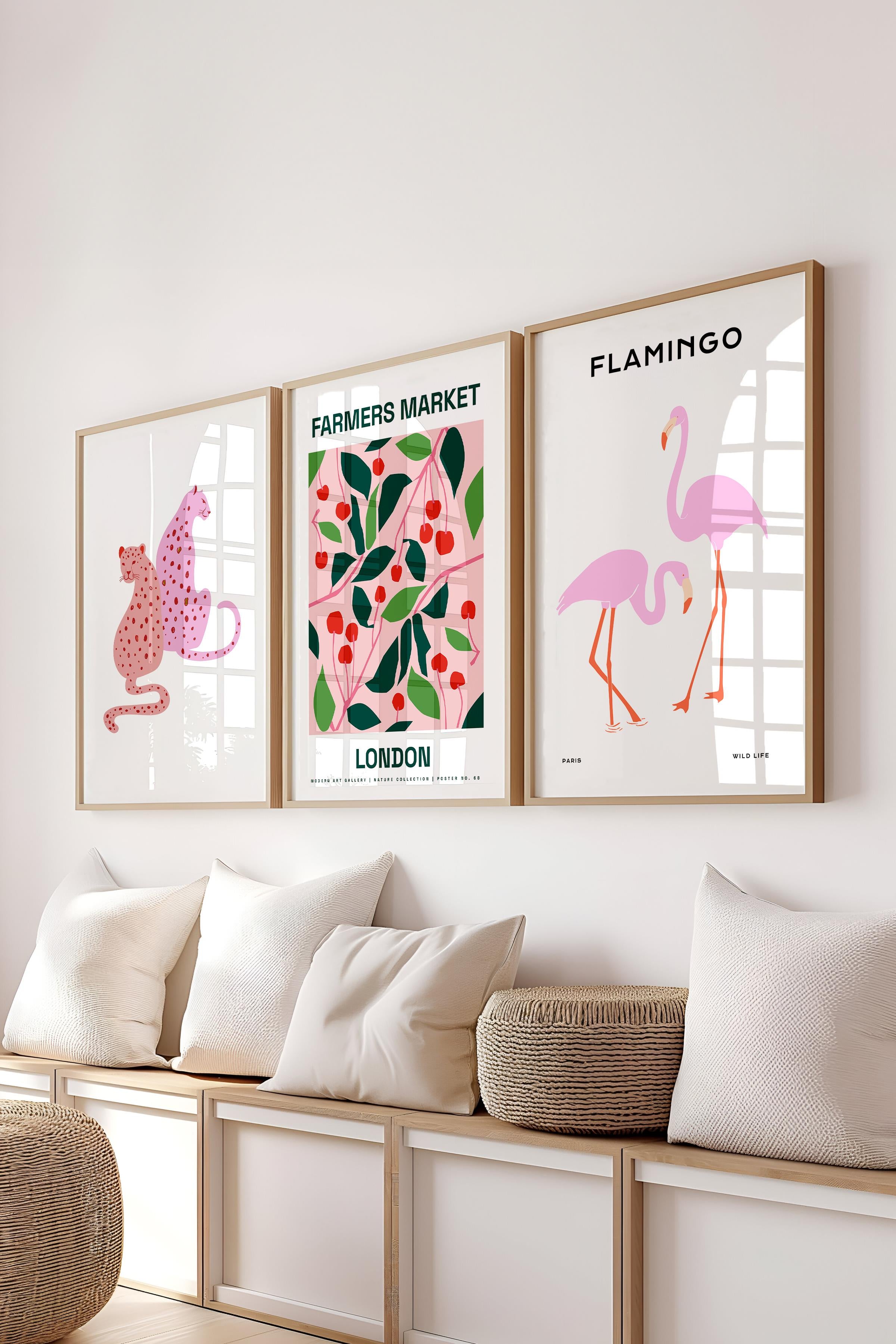 Pembe Modern Tablo Seti, 3 Adet Ahşap Çerçeve ve Poster, Flamingo Posterli Duvar Dekoru