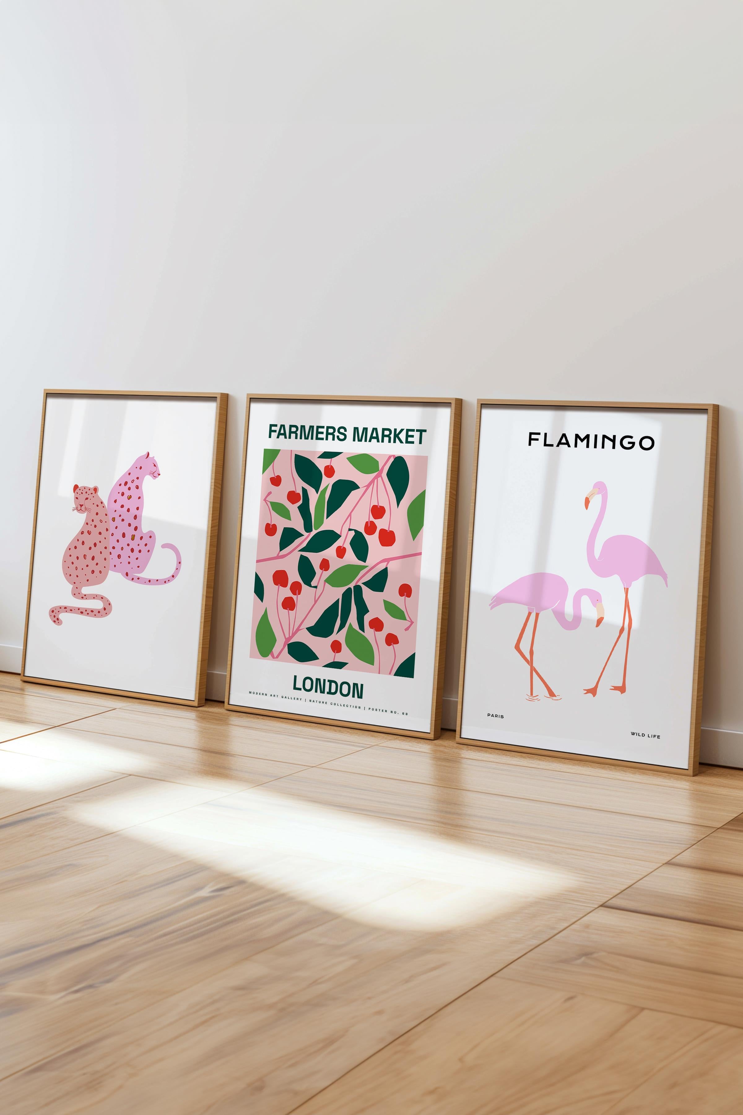 Pembe Modern Tablo Seti, 3 Adet Ahşap Çerçeve ve Poster, Flamingo Posterli Duvar Dekoru