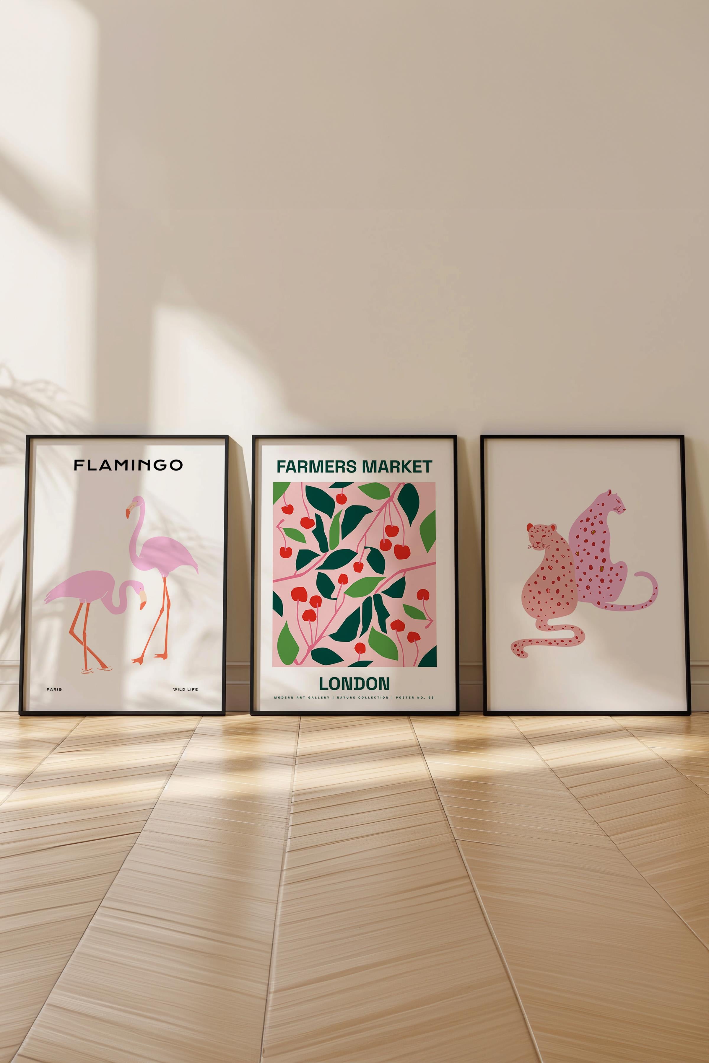 Pembe Modern Tablo Seti, 3 Adet Siyah Çerçeve ve Poster, Flamingo Posterli Duvar Dekoru