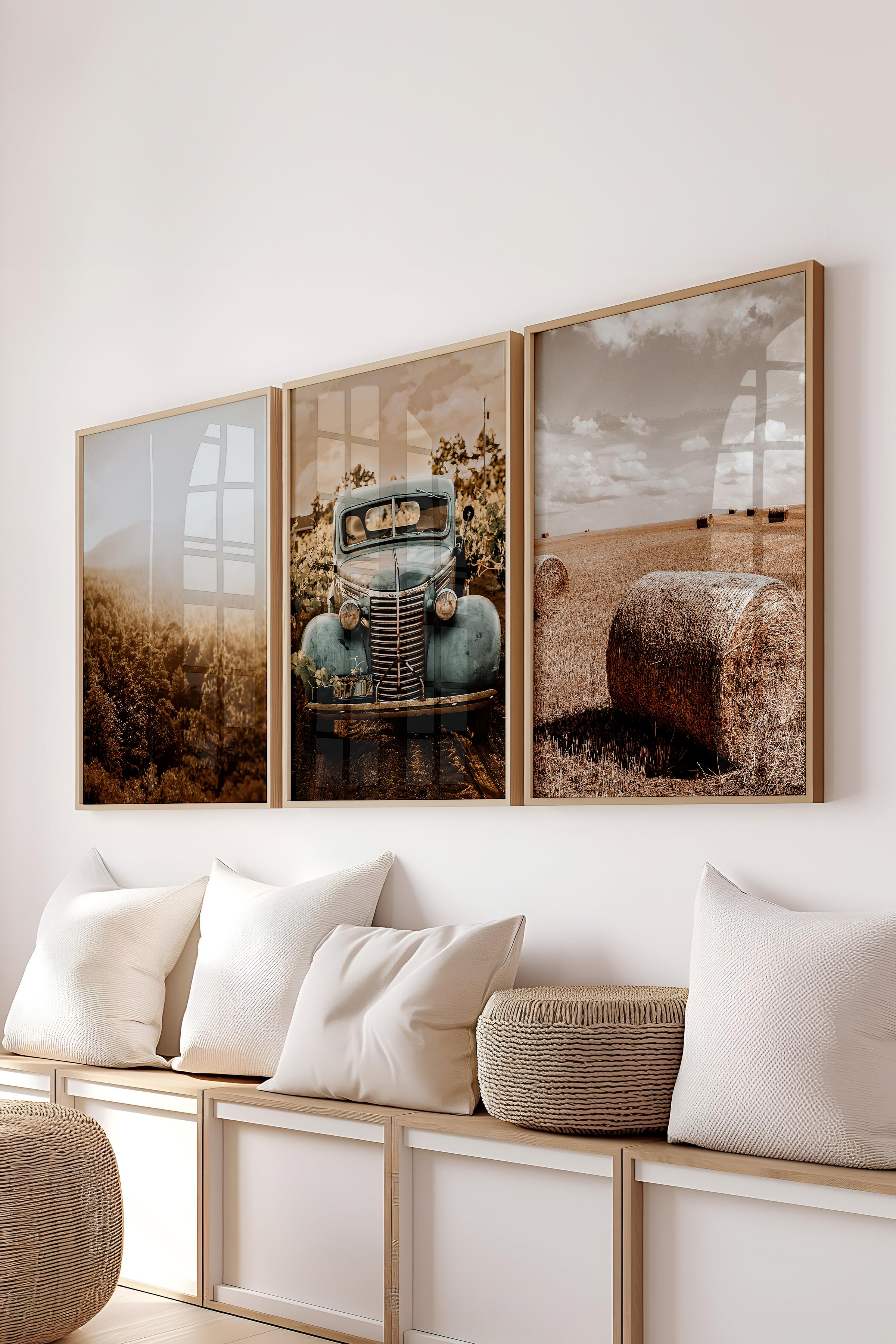 Rustic Kahverengi 3 Adet Tablo Seti, Ahşap Çerçeve ve Poster - Salon, Mutfak, Yatak Odası Dekor