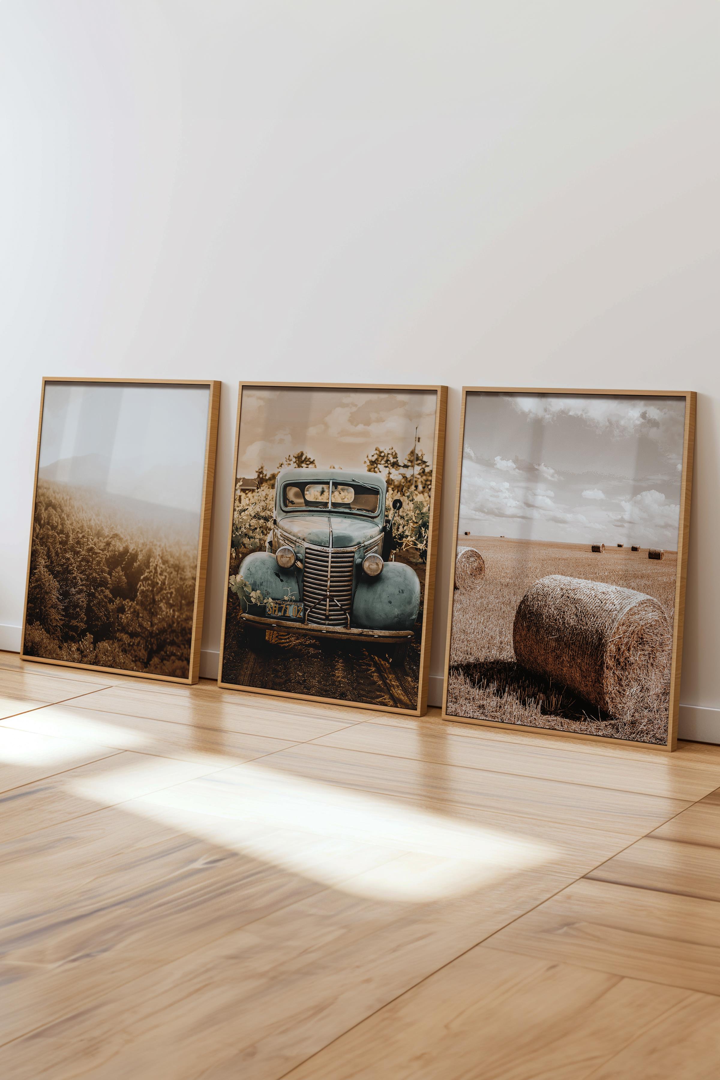 Rustic Kahverengi 3 Adet Tablo Seti, Ahşap Çerçeve ve Poster - Salon, Mutfak, Yatak Odası Dekor