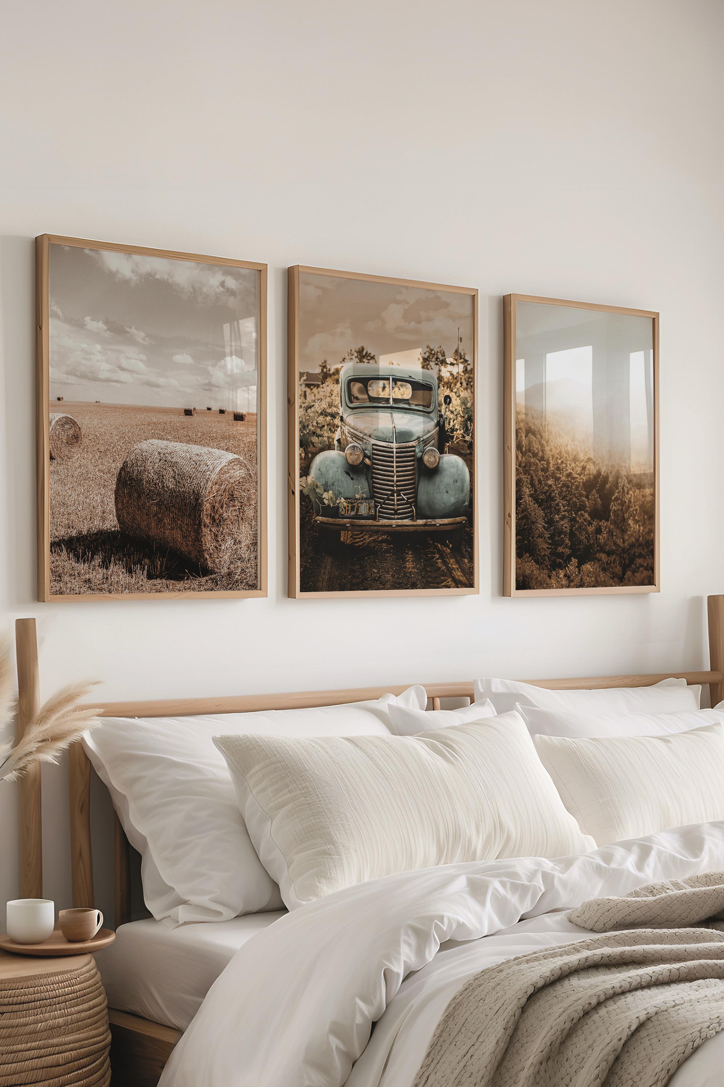 Rustic Kahverengi 3 Adet Tablo Seti, Ahşap Çerçeve ve Poster - Salon, Mutfak, Yatak Odası Dekor