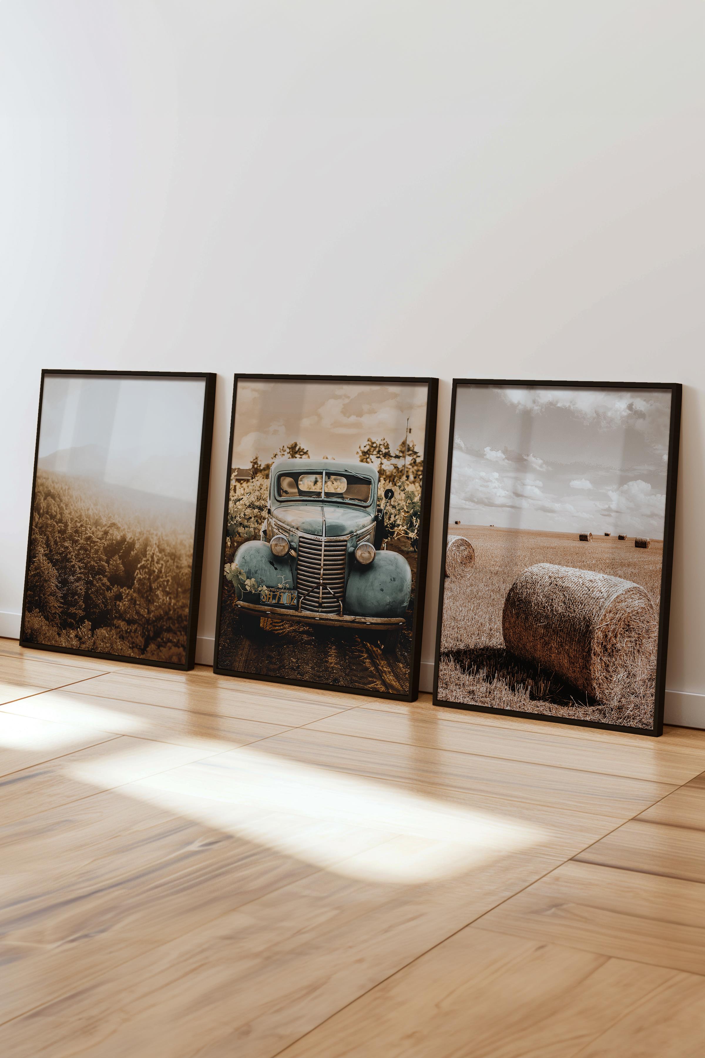 Rustic Kahverengi 3 Adet Tablo Seti, Siyah Çerçeve ve Poster - Salon, Mutfak, Yatak Odası Dekor