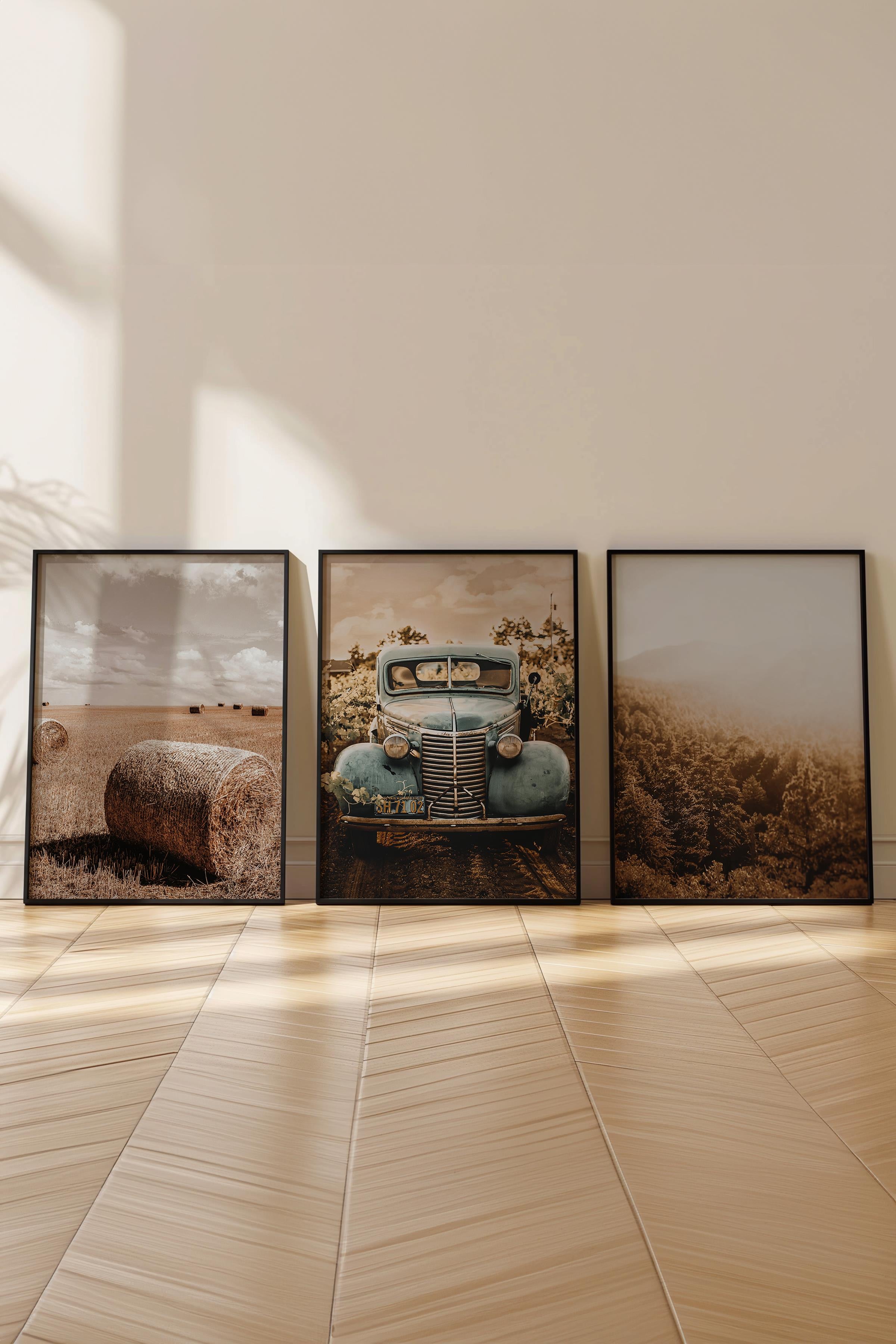 Rustic Kahverengi 3 Adet Tablo Seti, Siyah Çerçeve ve Poster - Salon, Mutfak, Yatak Odası Dekor