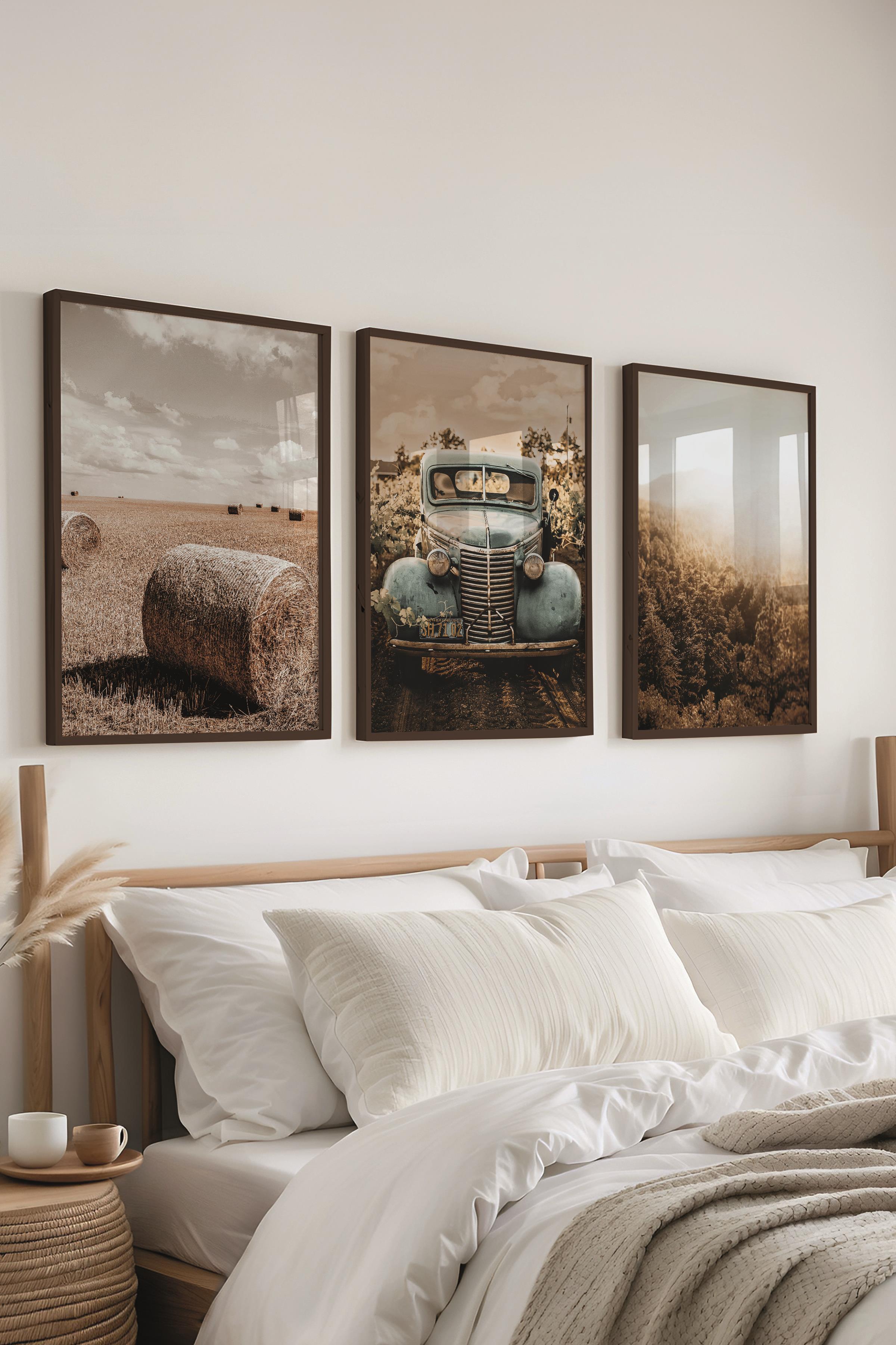 Rustic Kahverengi 3 Adet Tablo Seti, Siyah Çerçeve ve Poster - Salon, Mutfak, Yatak Odası Dekor