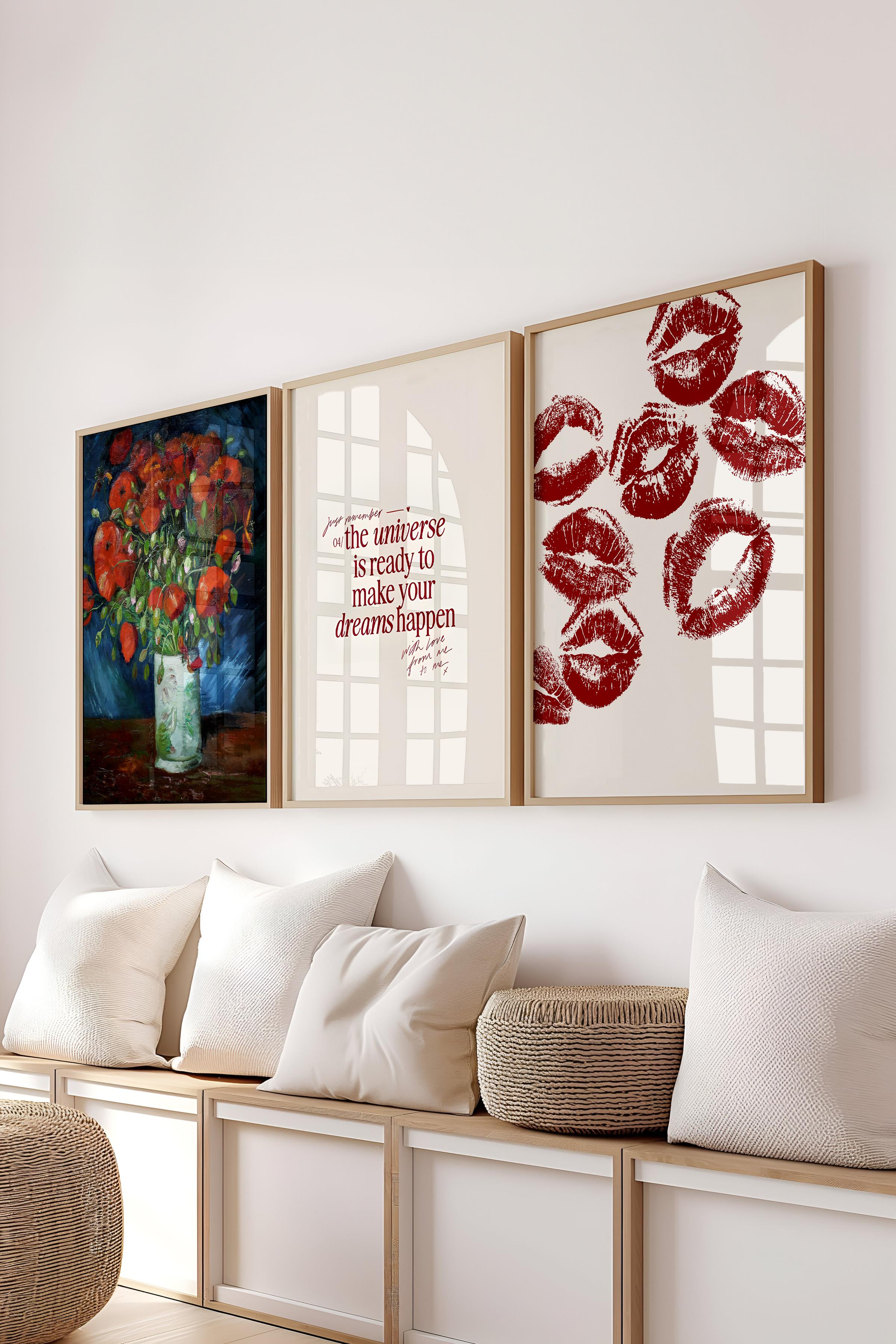 Kırmızı Vintage Tablo Seti, 3 Adet Ahşap Çerçeve ve Poster - Salon, Mutfak, Yatak Odası Duvar Dekor