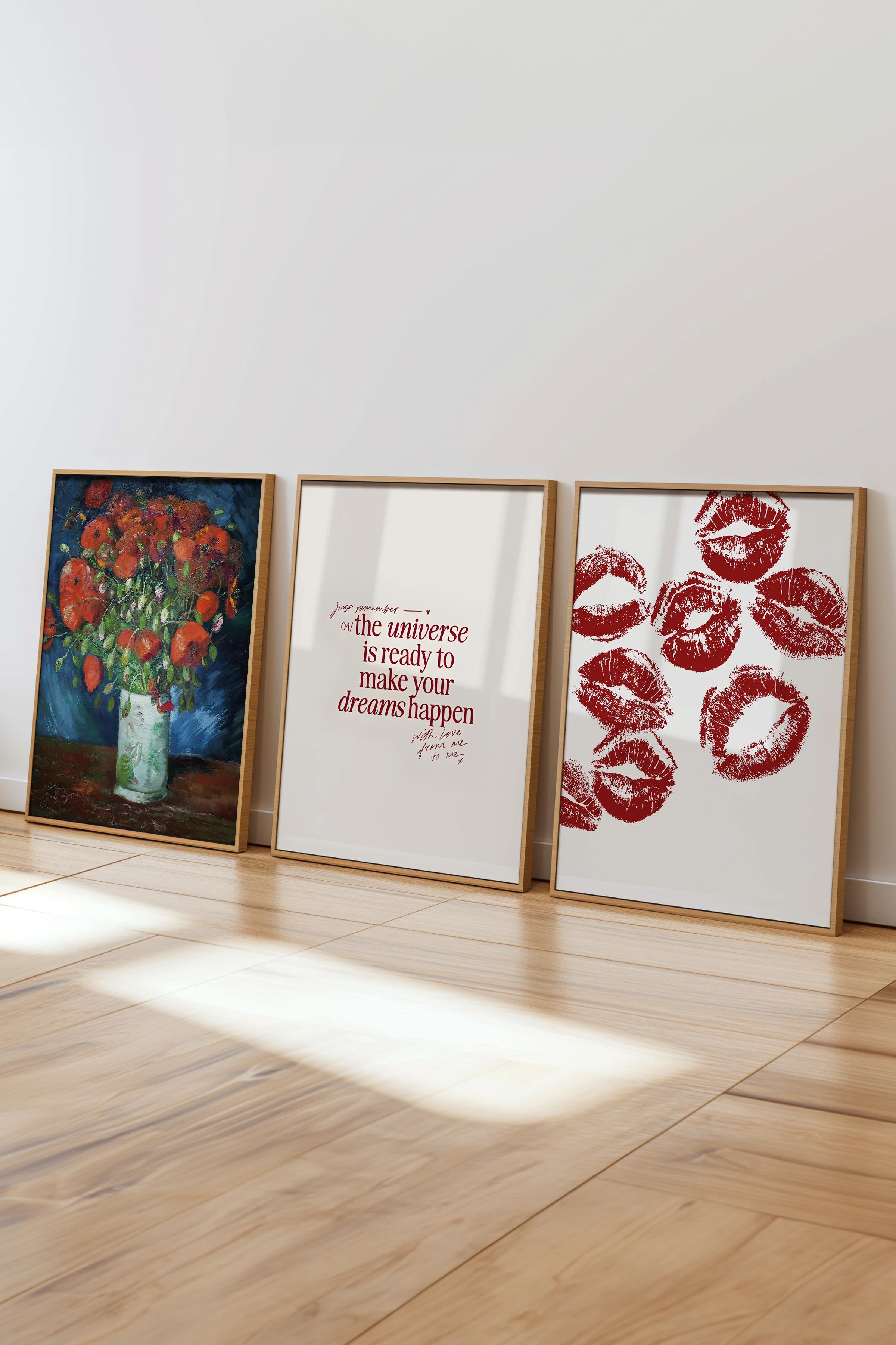 Kırmızı Vintage Tablo Seti, 3 Adet Ahşap Çerçeve ve Poster - Salon, Mutfak, Yatak Odası Duvar Dekor