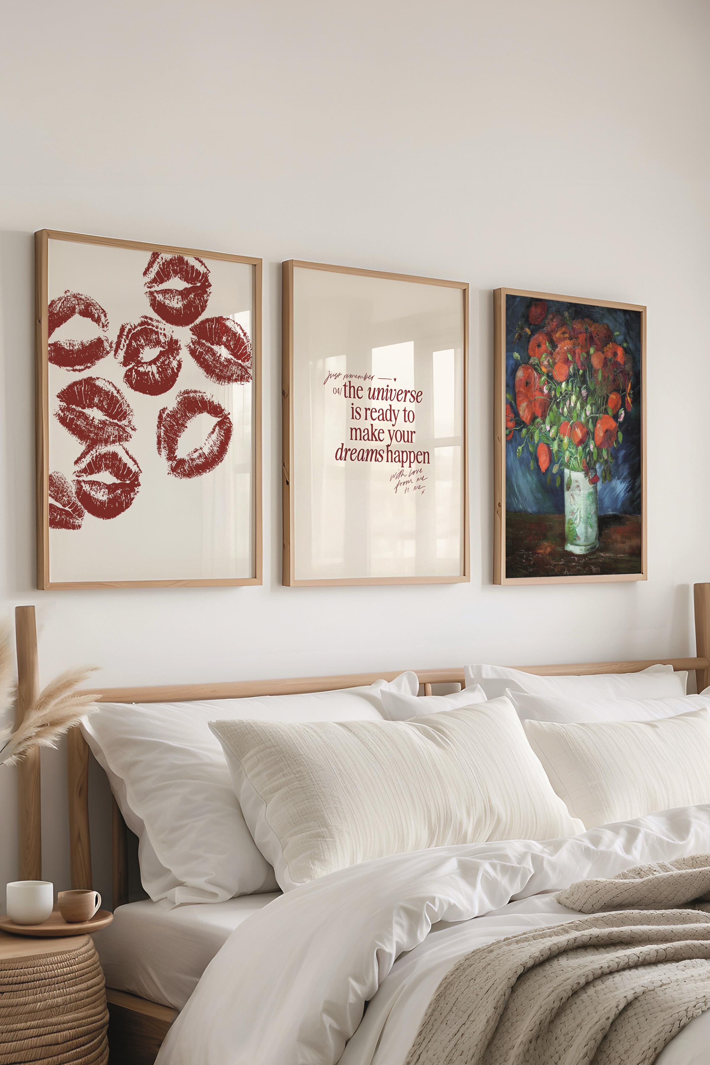 Kırmızı Vintage Tablo Seti, 3 Adet Ahşap Çerçeve ve Poster - Salon, Mutfak, Yatak Odası Duvar Dekor