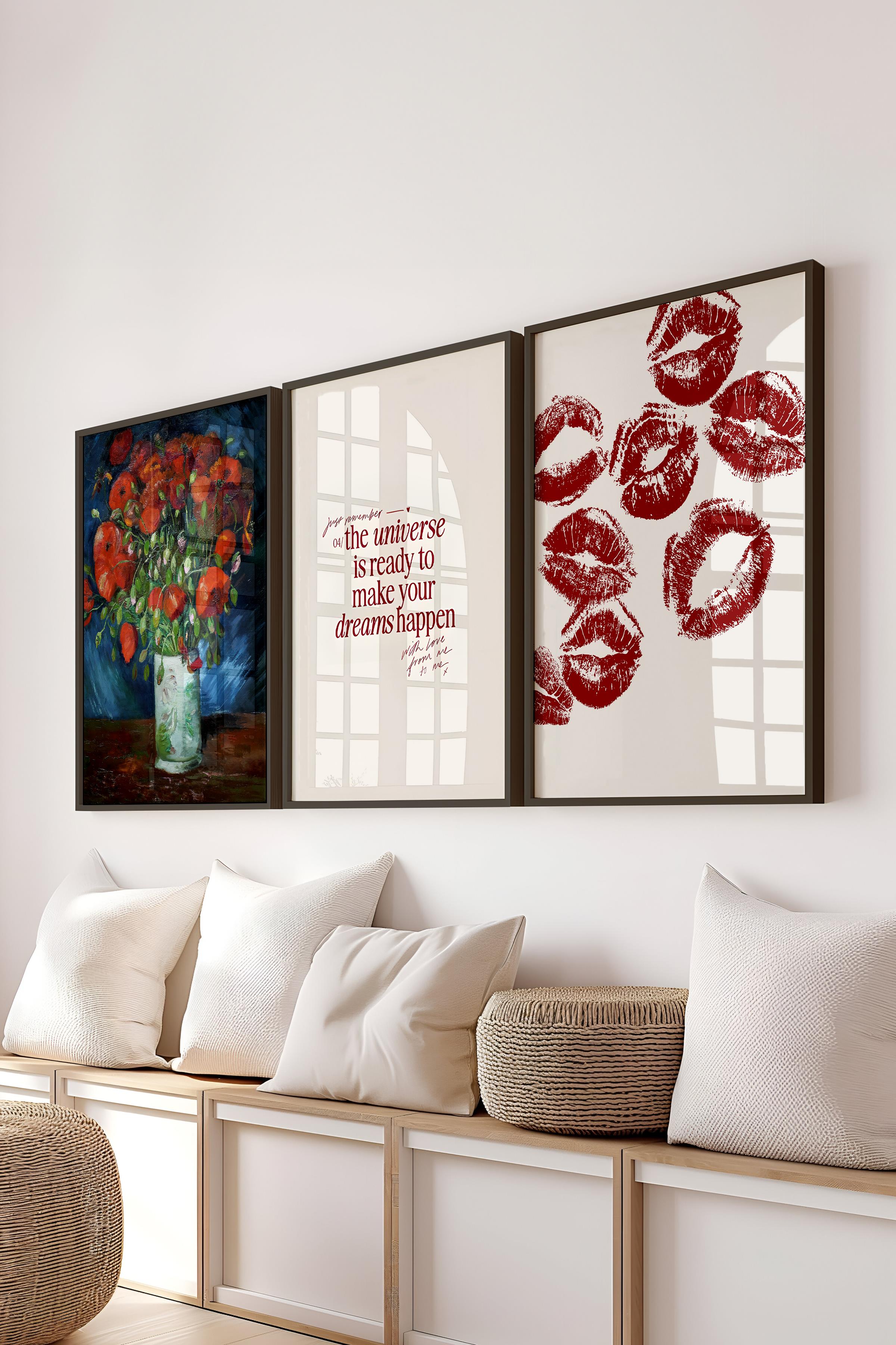 Kırmızı Vintage Tablo Seti, 3 Adet Siyah Çerçeve ve Poster - Salon, Mutfak, Yatak Odası Duvar Dekor