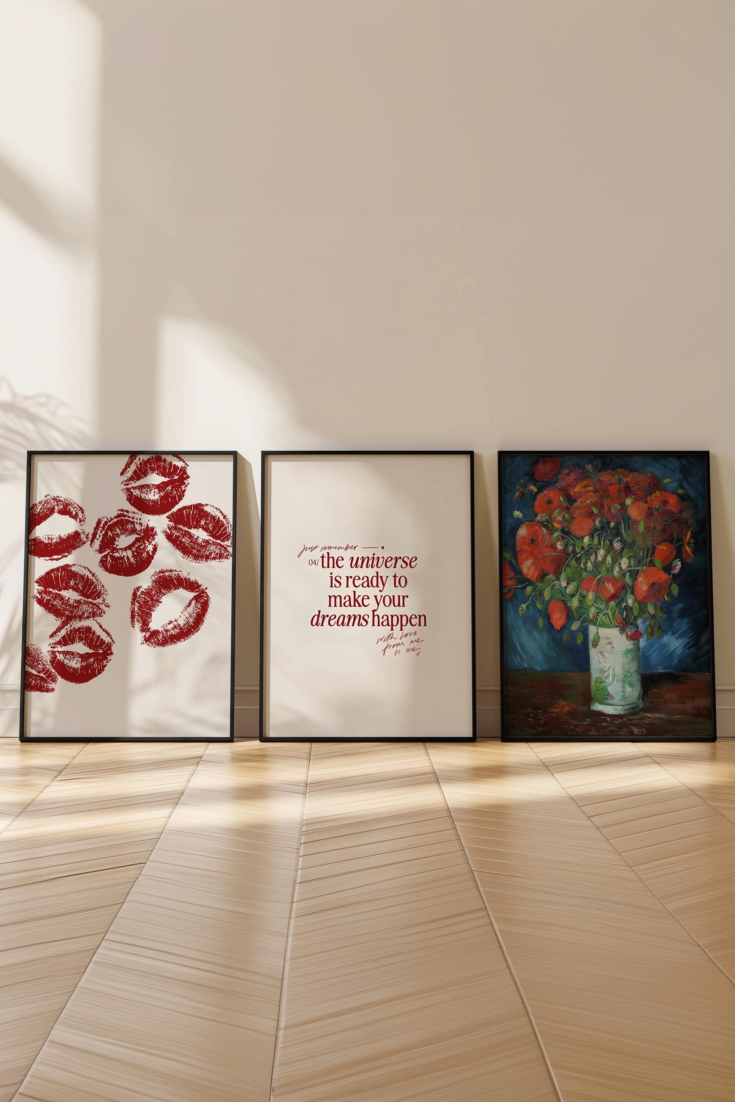Kırmızı Vintage Tablo Seti, 3 Adet Siyah Çerçeve ve Poster - Salon, Mutfak, Yatak Odası Duvar Dekor