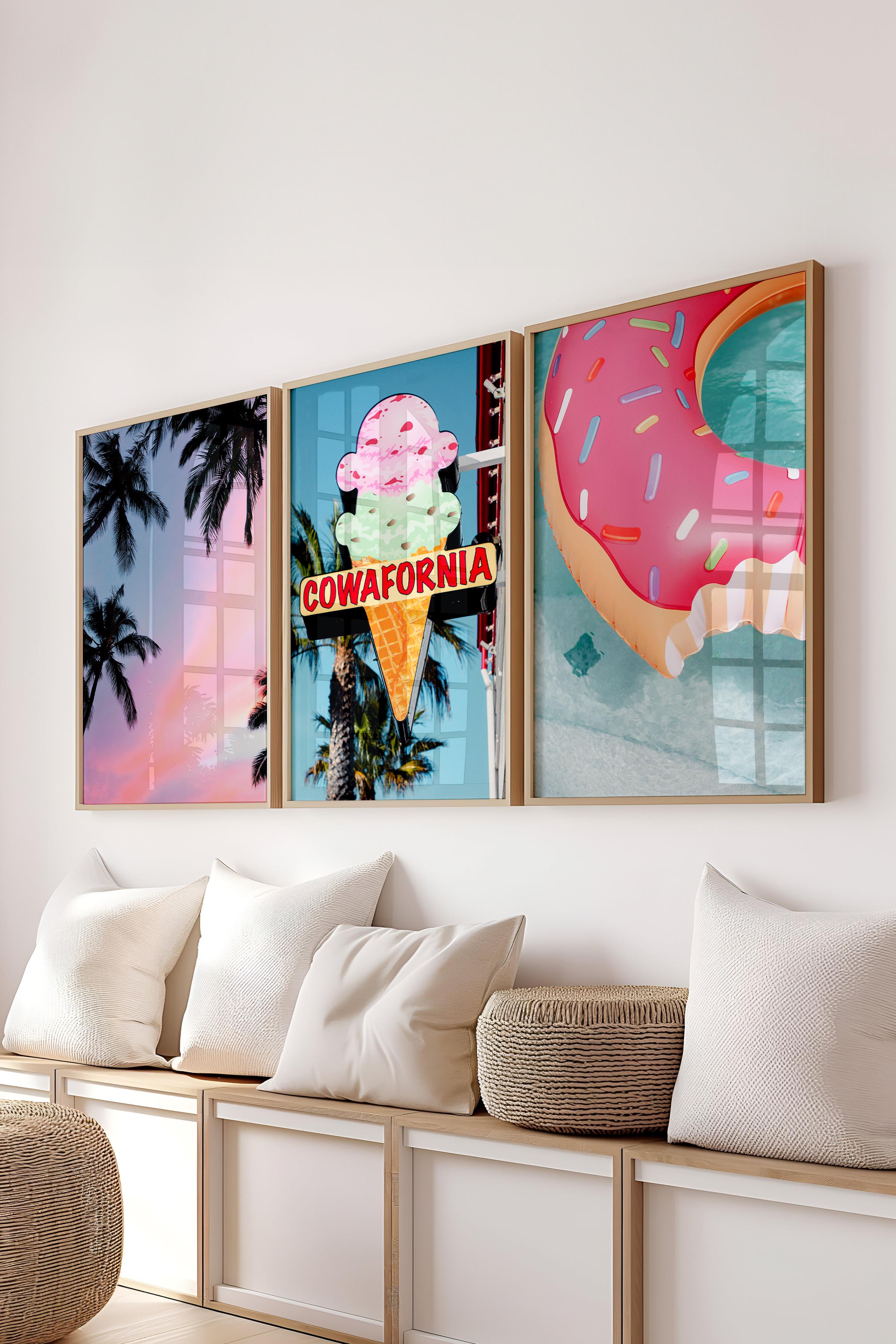 Yaz Temalı Pembe Tablo Seti, 3 Adet Ahşap Çerçeve ve Poster - Yatak Odası, Mutfak, Salon Duvar Dekor
