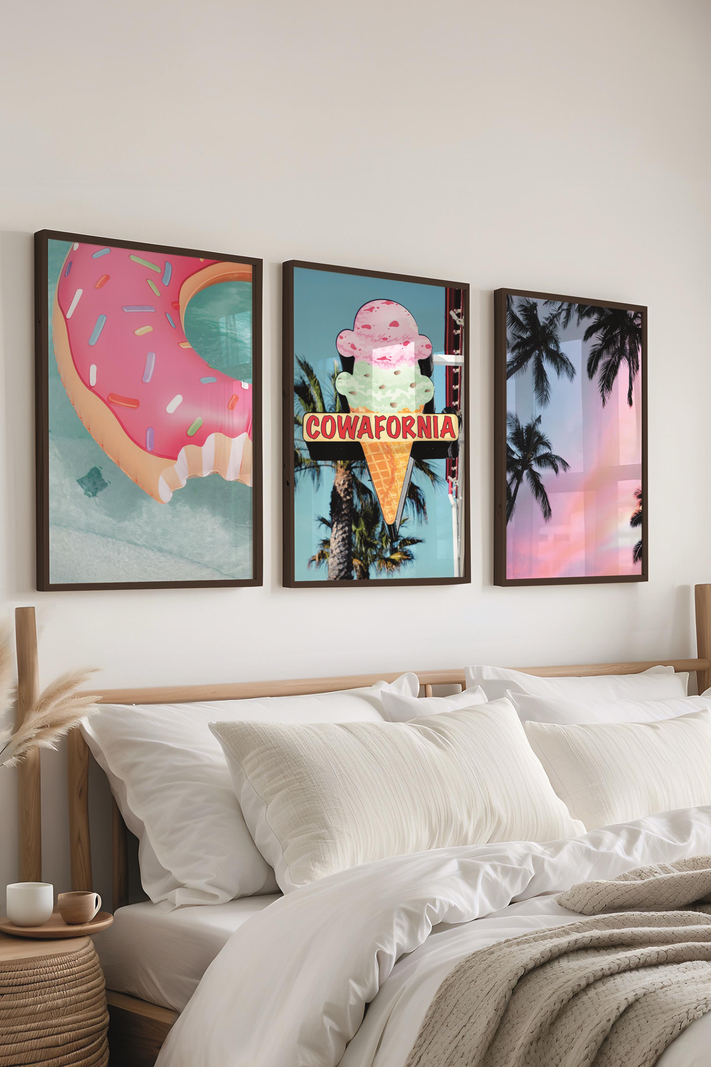 Yaz Temalı Pembe Tablo Seti, 3 Adet Siyah Çerçeve ve Poster - Yatak Odası, Mutfak, Salon Duvar Dekor