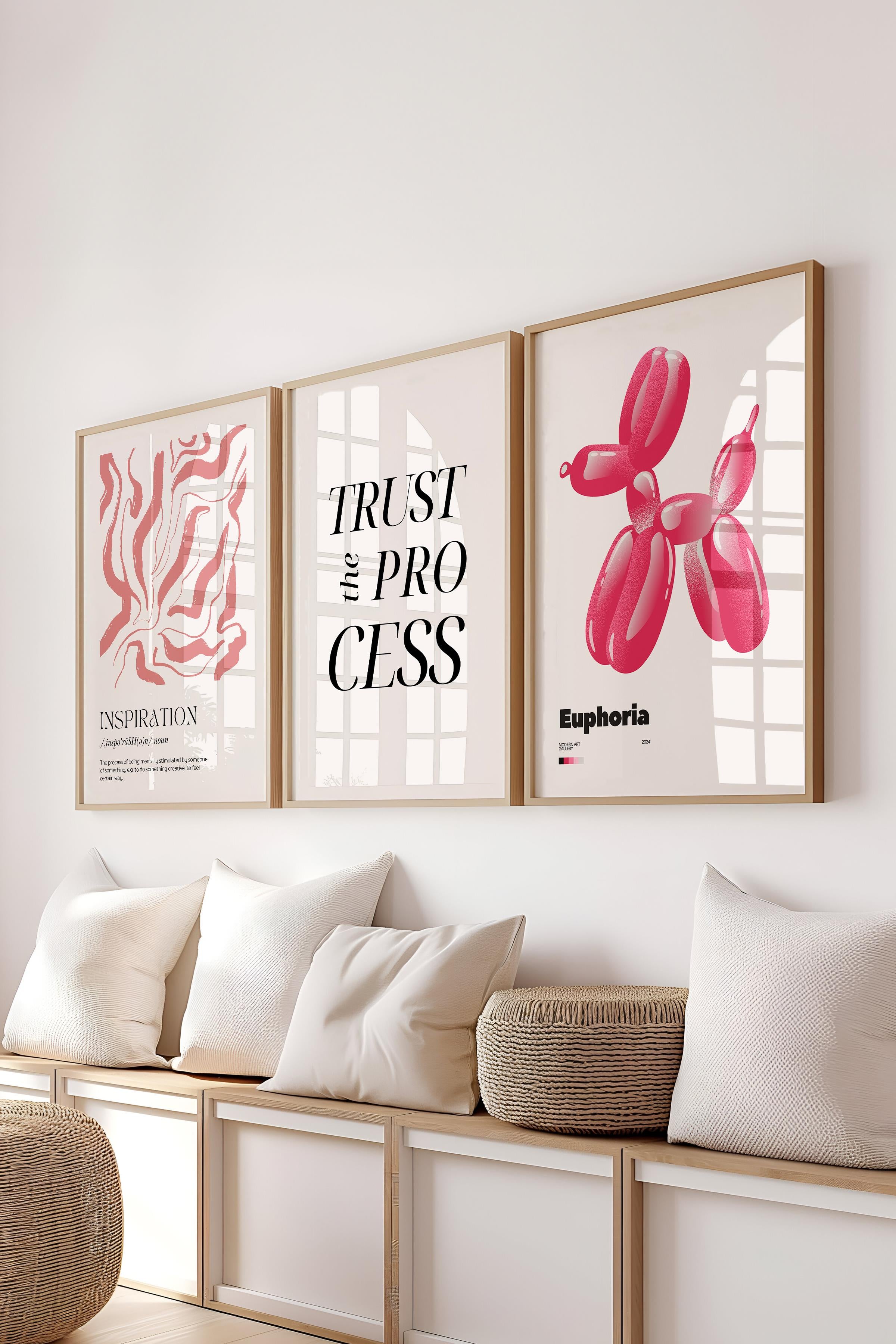 Soft Pembe Tablo Seti, 3 Adet Ahşap Çerçeve ve Poster - Yatak Odası, Mutfak, Salon Duvar Dekoru
